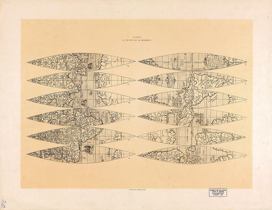 This old map of Globus Aus Der Mitte Des XVI Jahrhunderts (Title Within Gores: Nova Et Integra Universi Orbis Descriptio) from 1879 was created by Hungarian Monarchy. Militär-Comité, Johannes Oterschaden in 1879