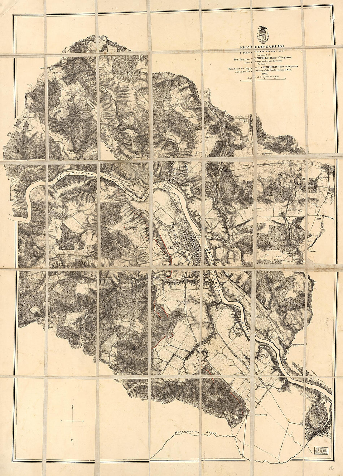 This old map of Fredericksburg. Dec. 1862 from 1867 was created by N. (Nathaniel) Michler in 1867