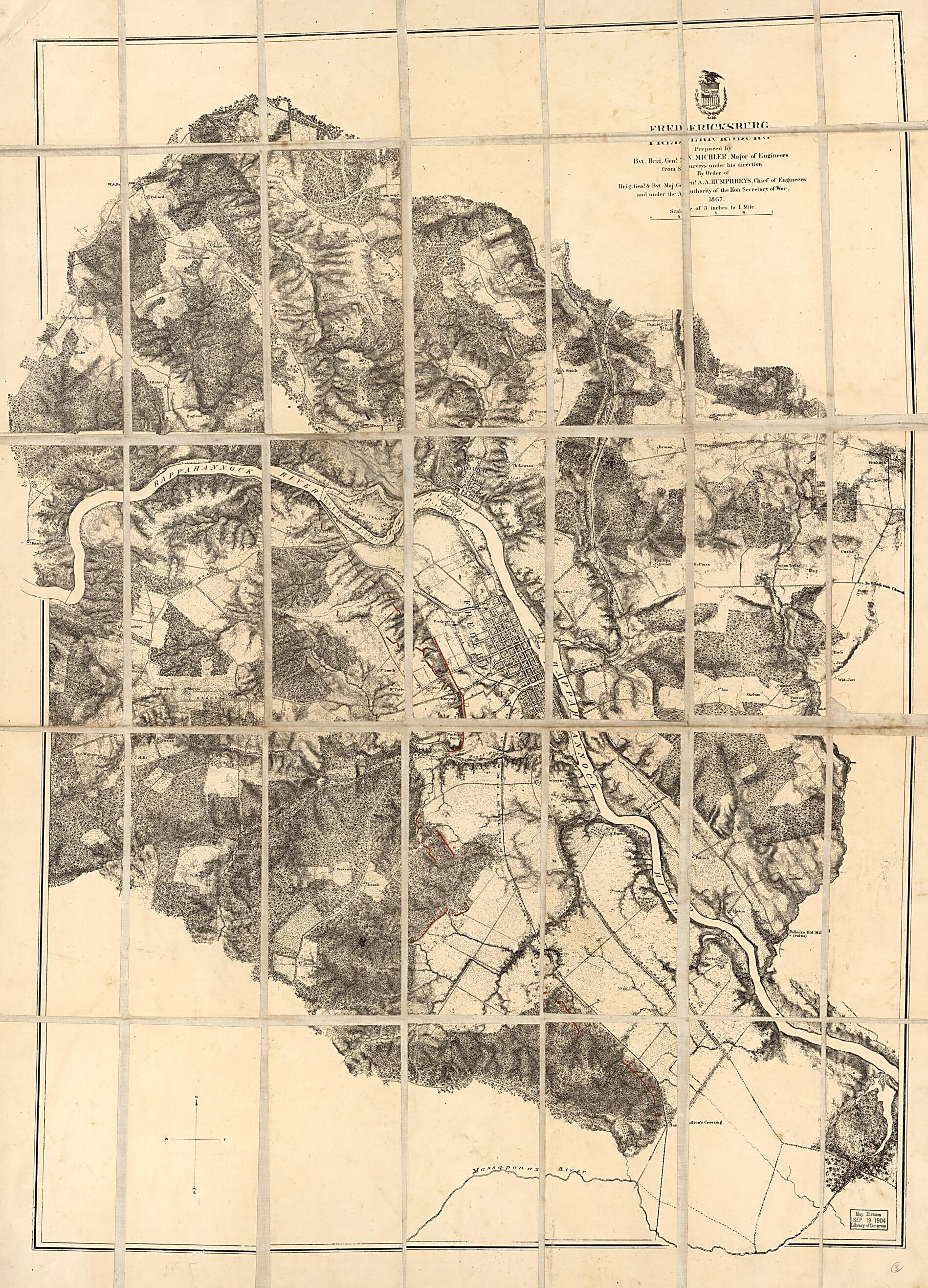 This old map of Fredericksburg. Dec. 1862 from 1867 was created by N. (Nathaniel) Michler in 1867