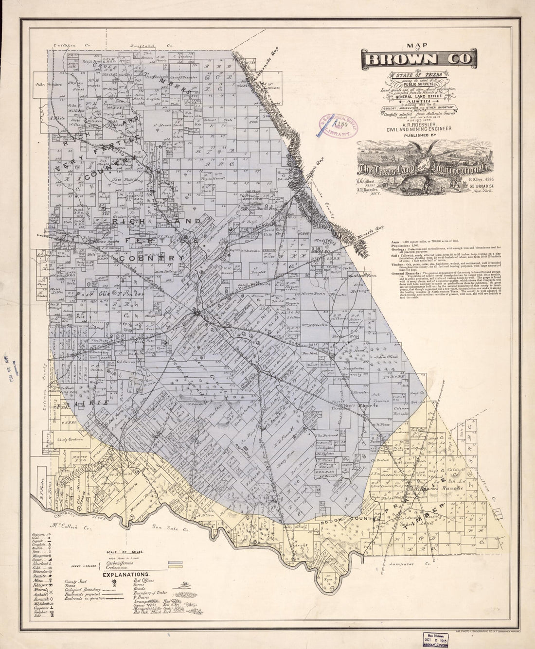 This old map of Map of Brown Co., State of Texas : Showing the Extent of All Public Surveys, Land Grants and All Other Official Information Compiled from the Records of the General Land Office at Austin from 1876 was created by Lithographic Company, A.