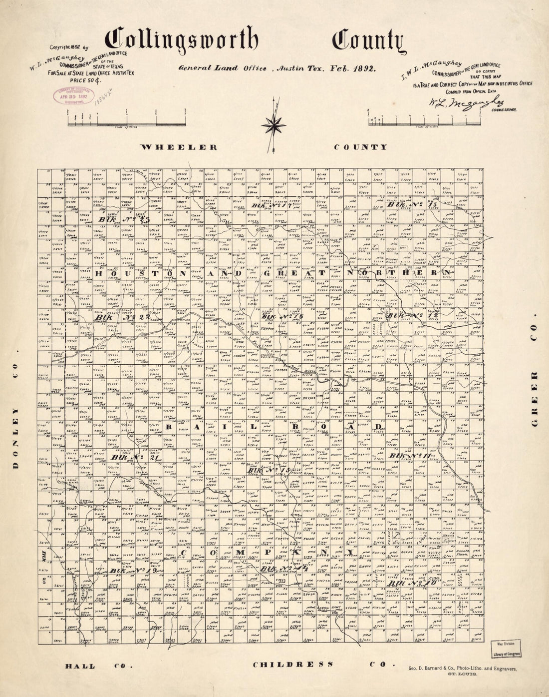 This old map of Collingsworth County from 1892 was created by W. L. McGaughey, Texas. General Land Office in 1892