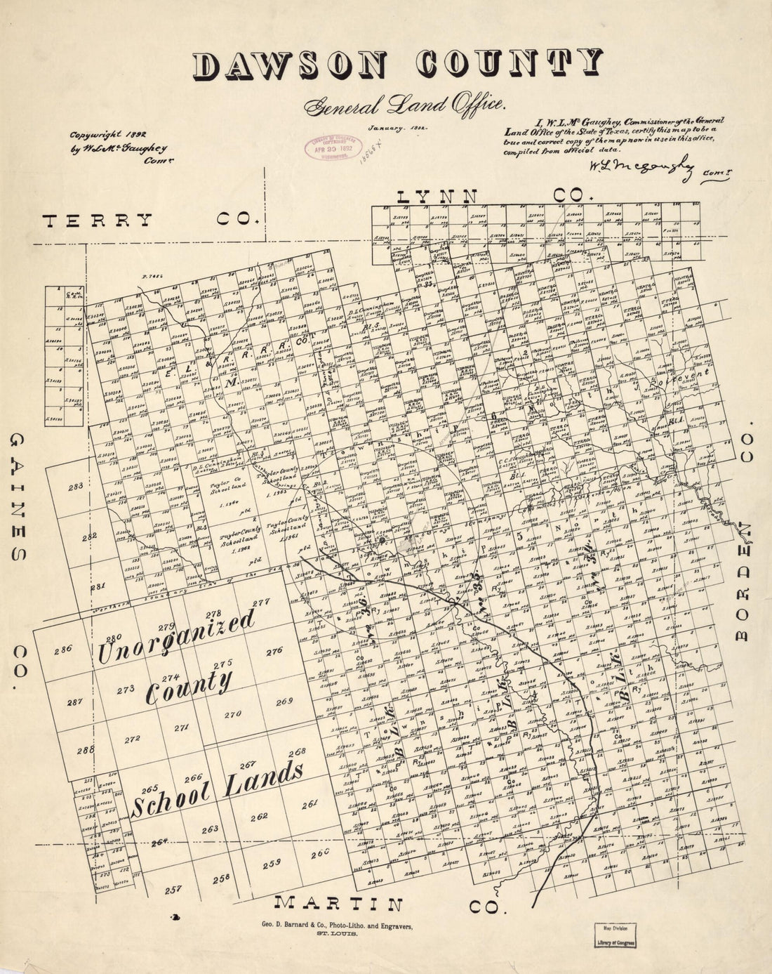 This old map of Dawson County from 1892 was created by W. L. McGaughey, Texas. General Land Office in 1892