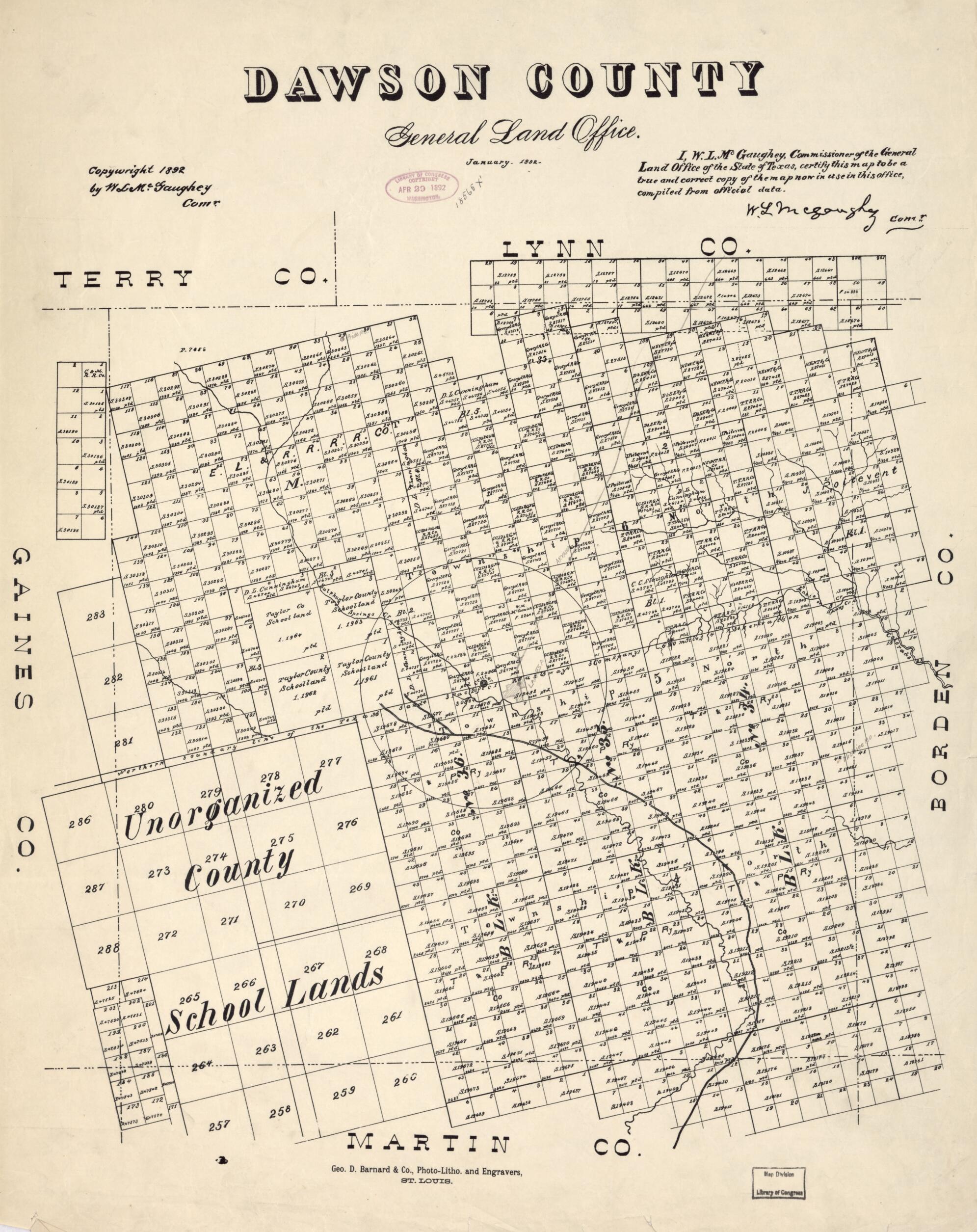 This old map of Dawson County from 1892 was created by W. L. McGaughey, Texas. General Land Office in 1892