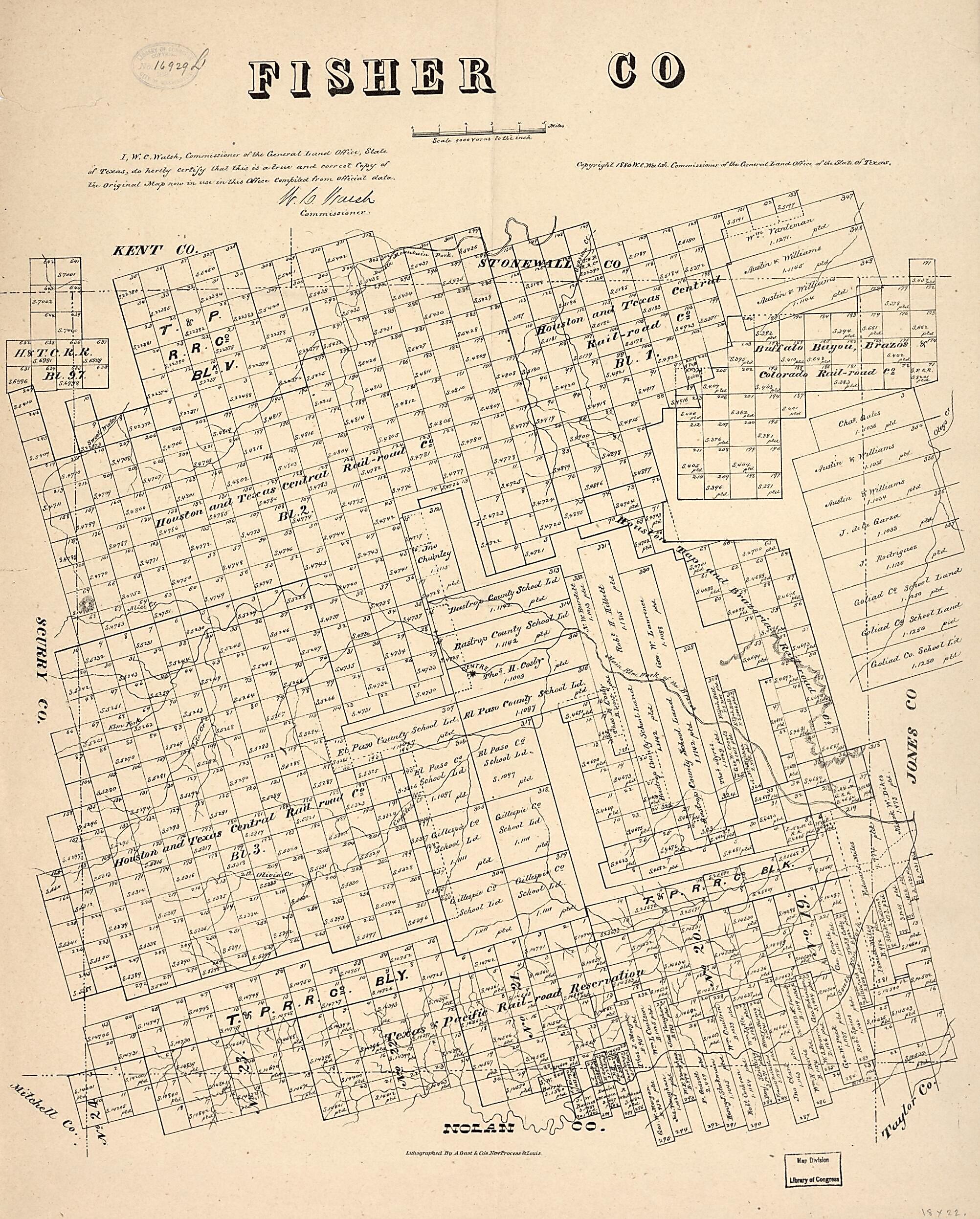 This old map of Fisher County (Fisher County) from 1880 was created by Texas. General Land Office, W. C. (William C.) Walsh in 1880