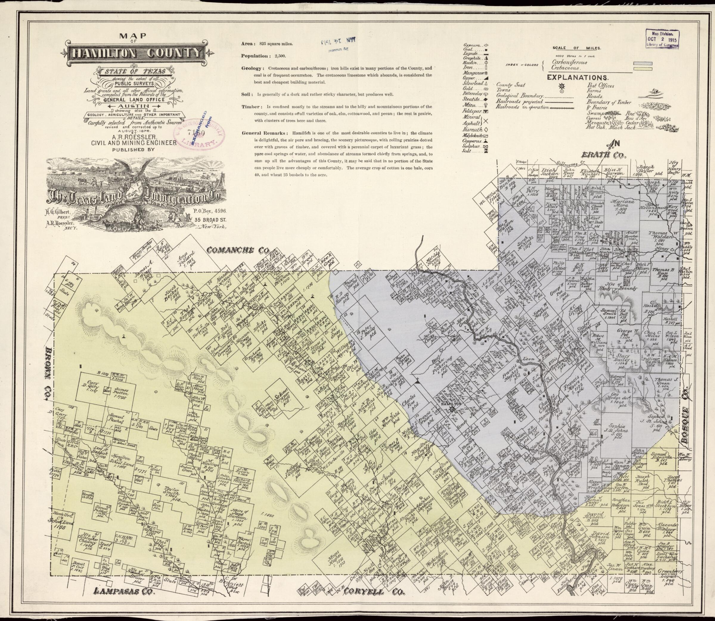Map of Hamilton County, State of Texas : Showing the Extent of All Public Surveys, Land Grants and All Other Official Information Compiled from the Records of the General Land Office at Austin 1876 by Relic Map Company