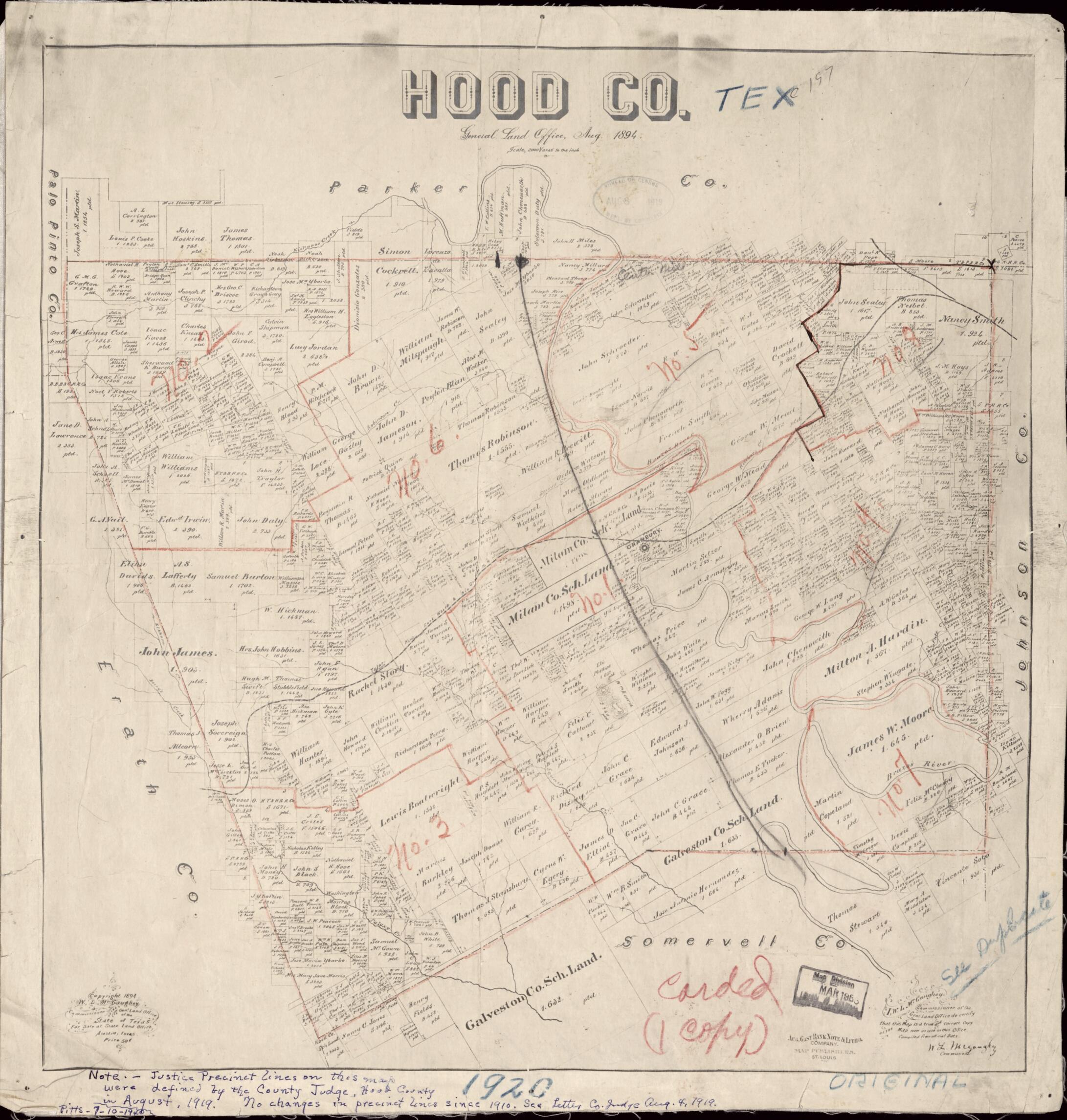 This old map of Hood Co. : General Land Office, May from 1894 was created by W. L. McGaughey, Texas. General Land Office in 1894