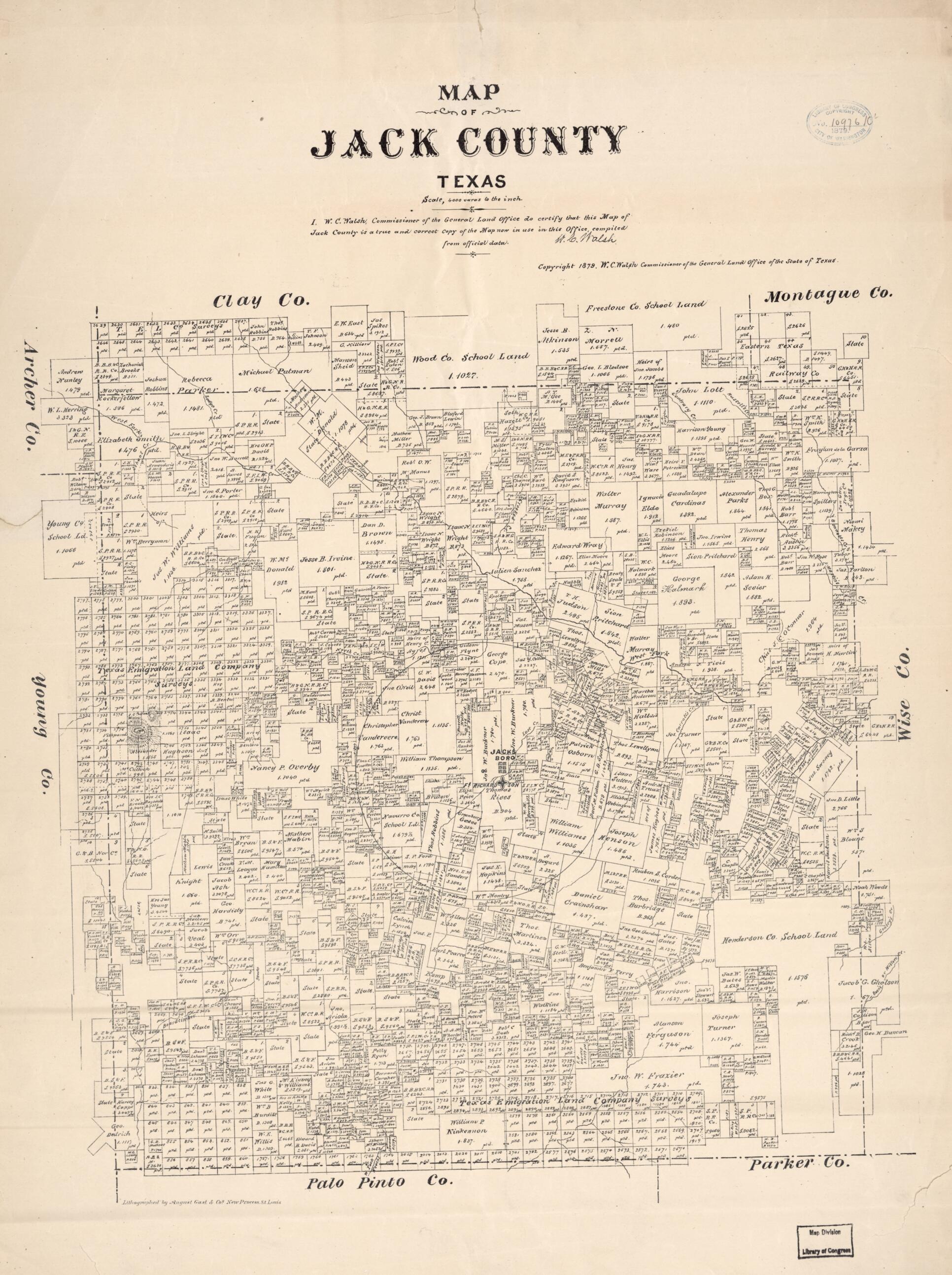 This old map of Map of Jack County, Texas from 1879 was created by Texas. General Land Office, W. C. (William C.) Walsh in 1879