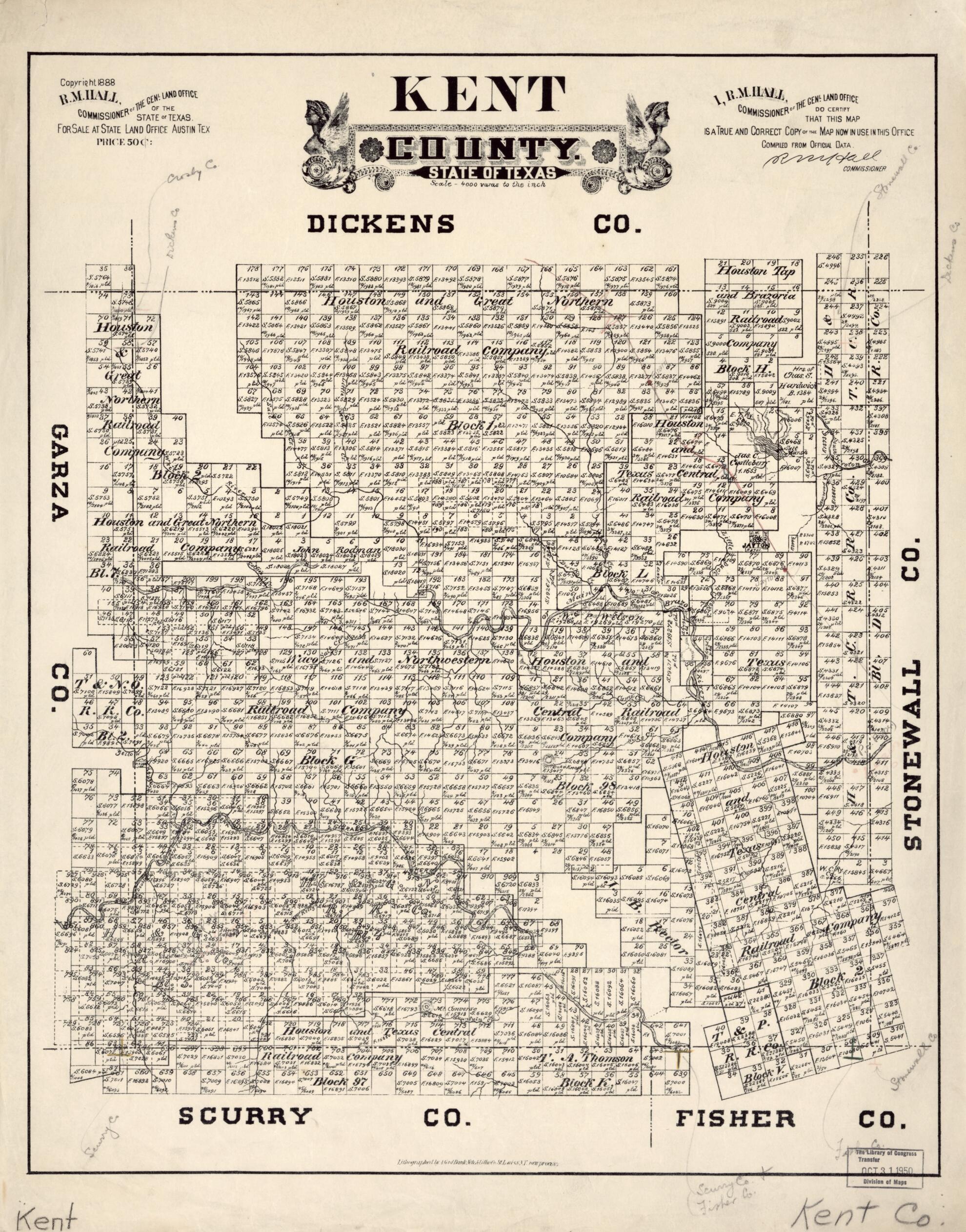This old map of Kent County, State of Texas from 1888 was created by R. M. Hall, Texas. General Land Office in 1888