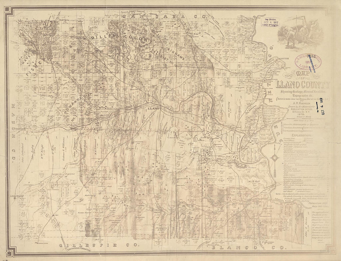 This old map of Map of Llano County : Showing Geology, Mineral Localities, Topography, Etc from 1875 was created by A. R. Roessler in 1875