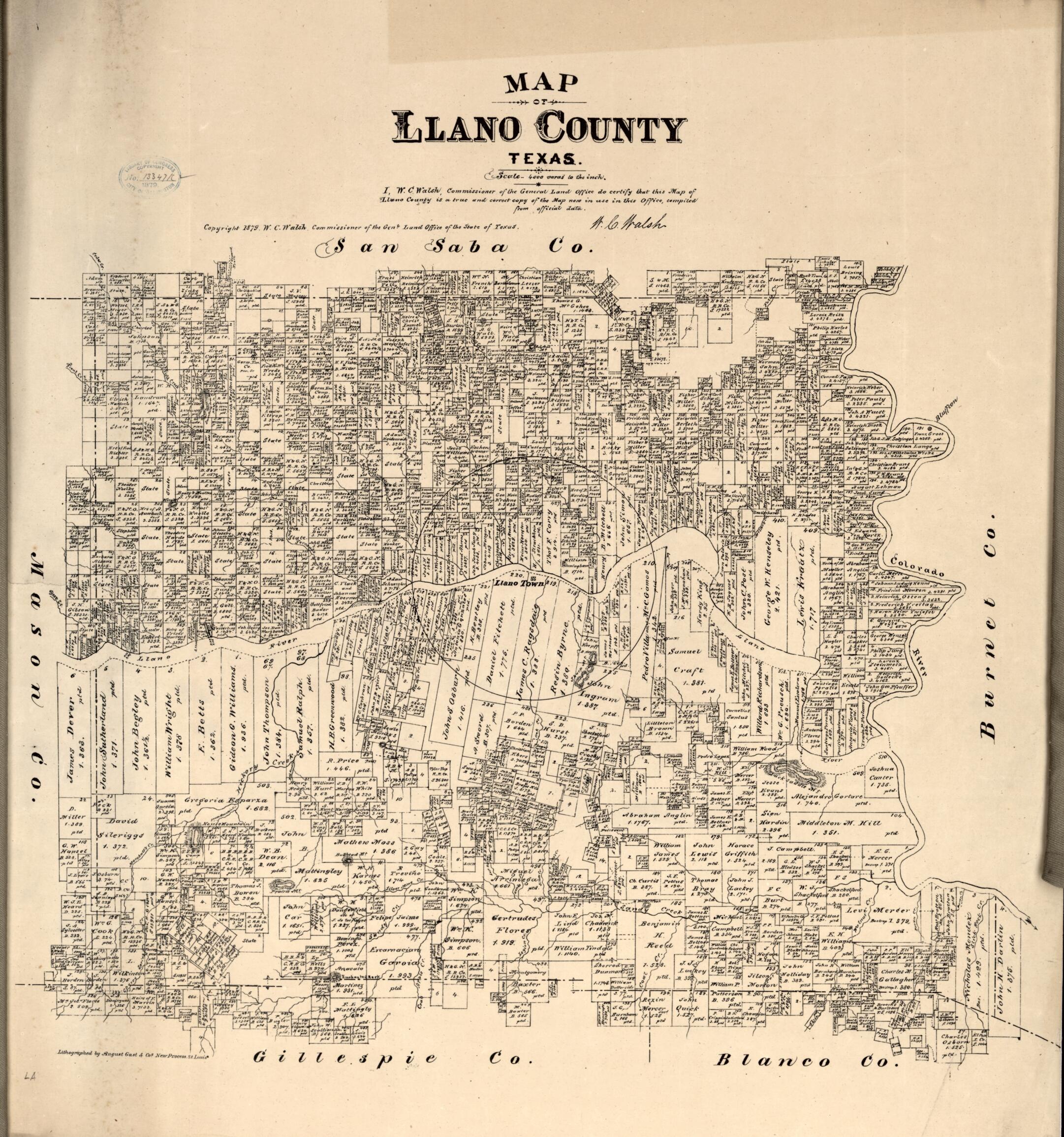 This old map of Map of Llano County, Texas from 1879 was created by Texas. General Land Office, W. C. (William C.) Walsh in 1879