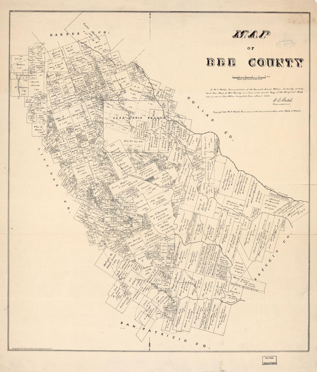 This old map of Map of Bee County, Texas from 1879 was created by Texas. General Land Office, W. C. (William C.) Walsh in 1879