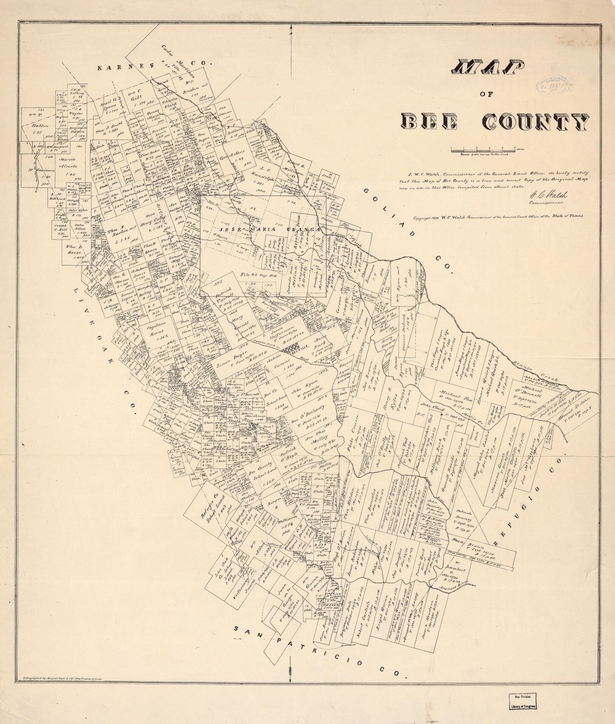 This old map of Map of Bee County, Texas from 1879 was created by Texas. General Land Office, W. C. (William C.) Walsh in 1879