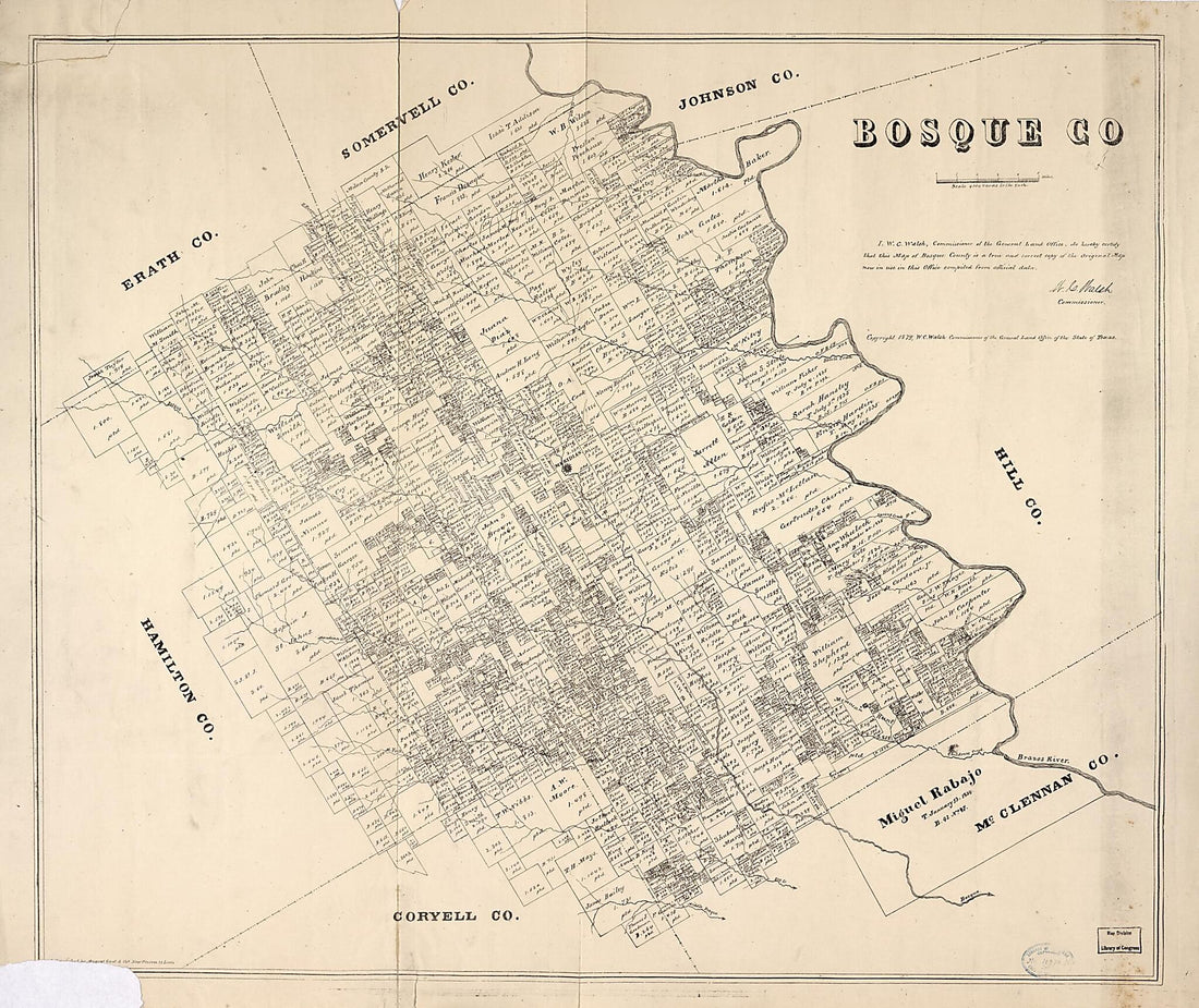 This old map of Bosque Co from 1879 was created by Texas. General Land Office, W. C. (William C.) Walsh in 1879