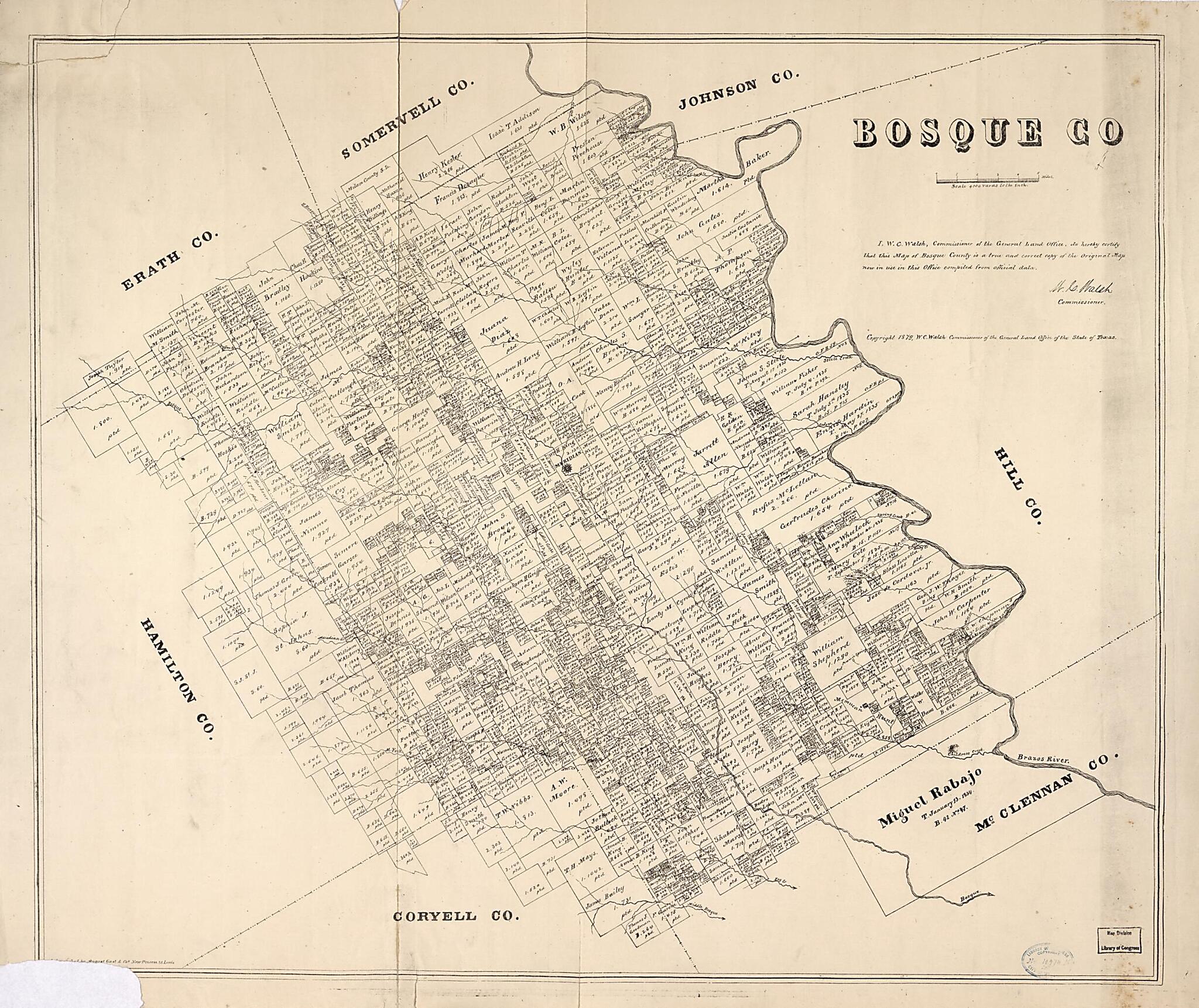 This old map of Bosque Co from 1879 was created by Texas. General Land Office, W. C. (William C.) Walsh in 1879