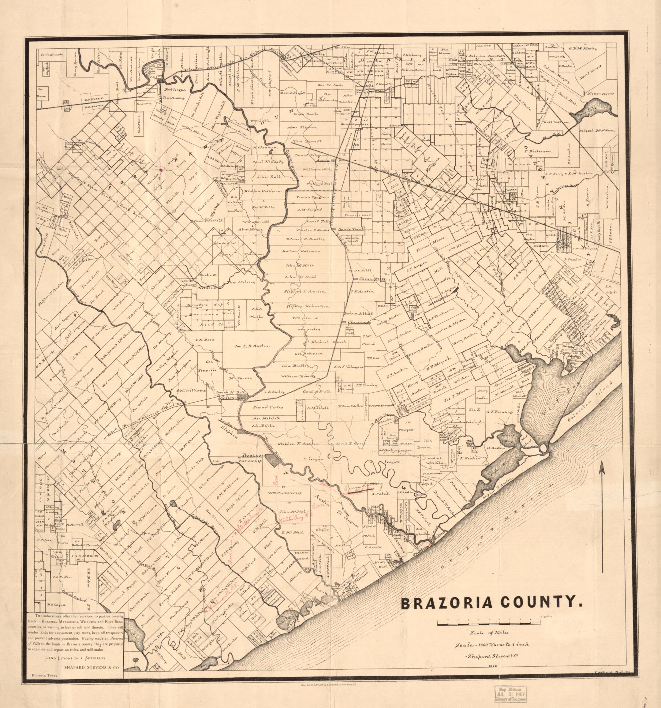 This old map of Brazoria County from 1877 was created by F. W. Stevens, Texas. General Land Office in 1877