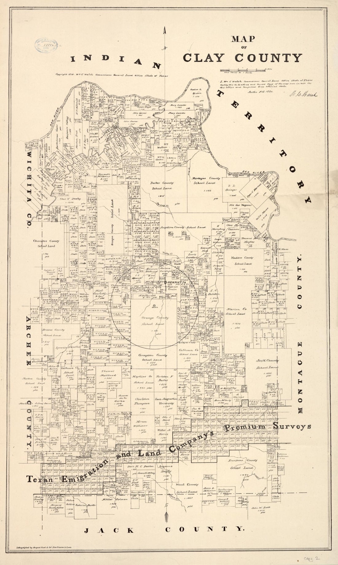 This old map of Map of Clay County, Texas from 1880 was created by Texas. General Land Office, W. C. (William C.) Walsh in 1880