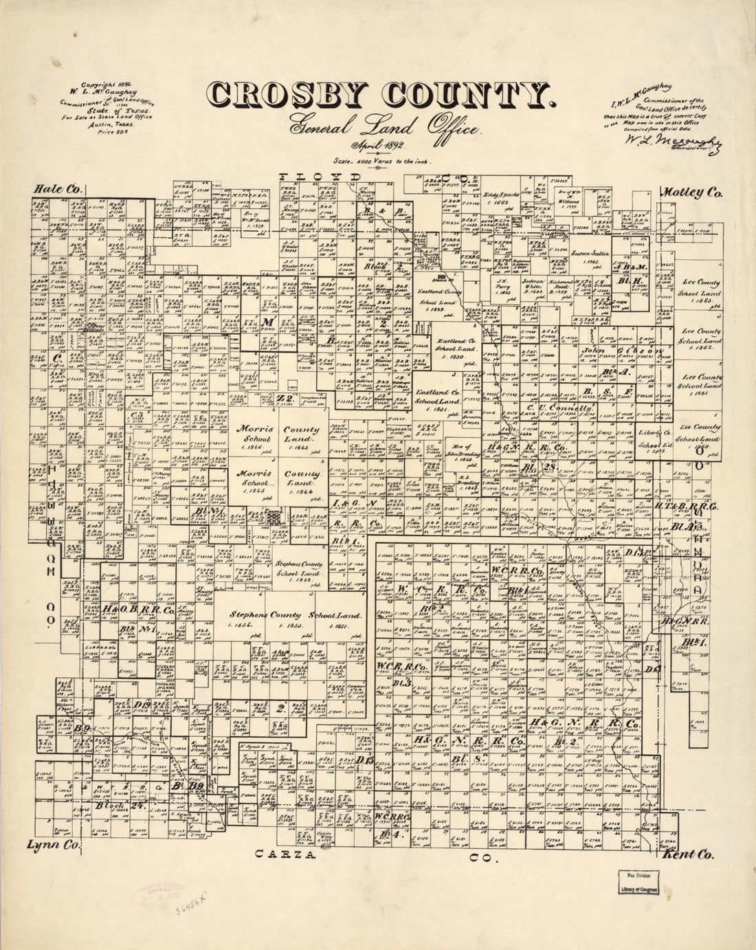 This old map of Crosby County : General Land Office, April from 1892 was created by W. L. McGaughey, Texas. General Land Office in 1892