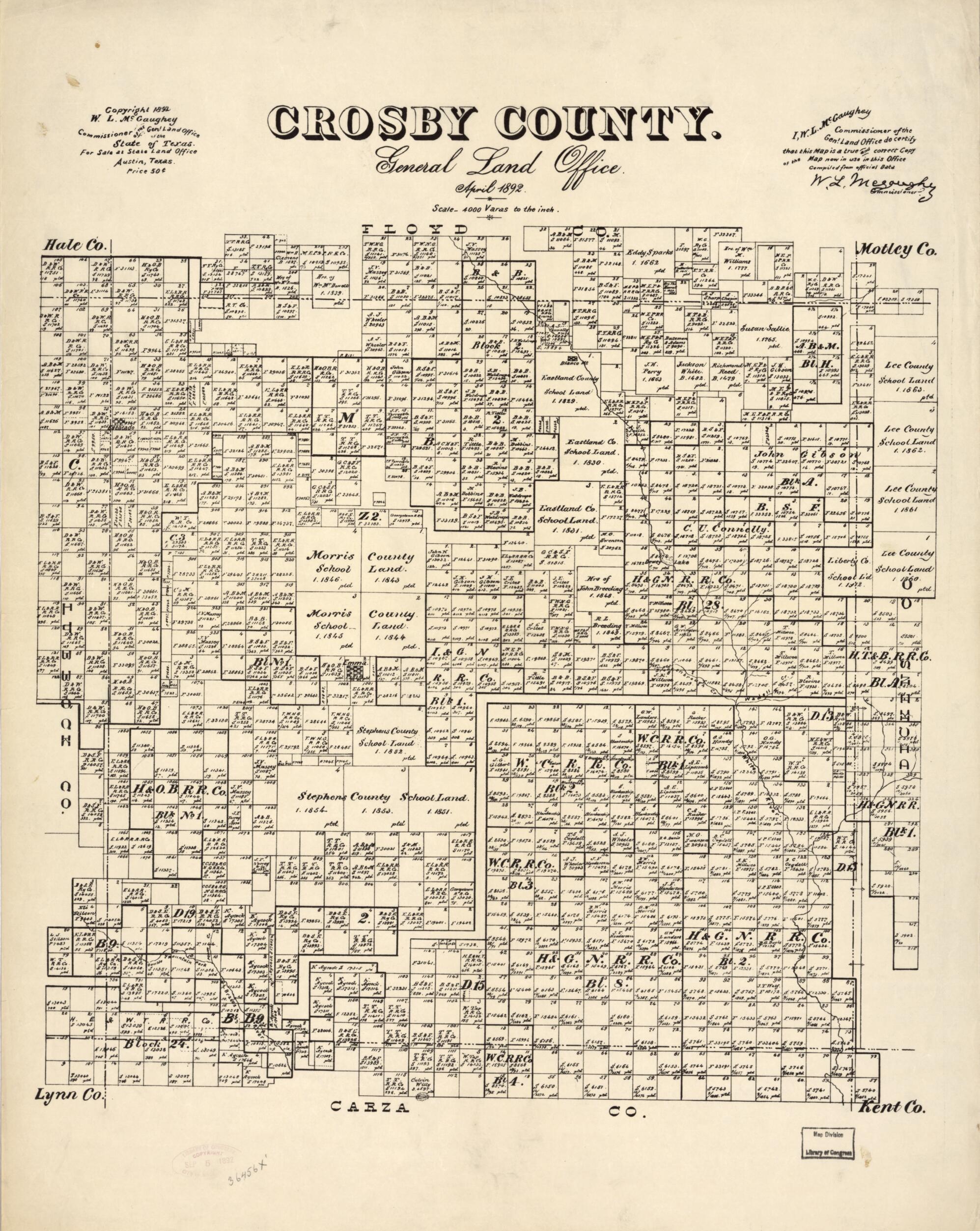 This old map of Crosby County : General Land Office, April from 1892 was created by W. L. McGaughey, Texas. General Land Office in 1892