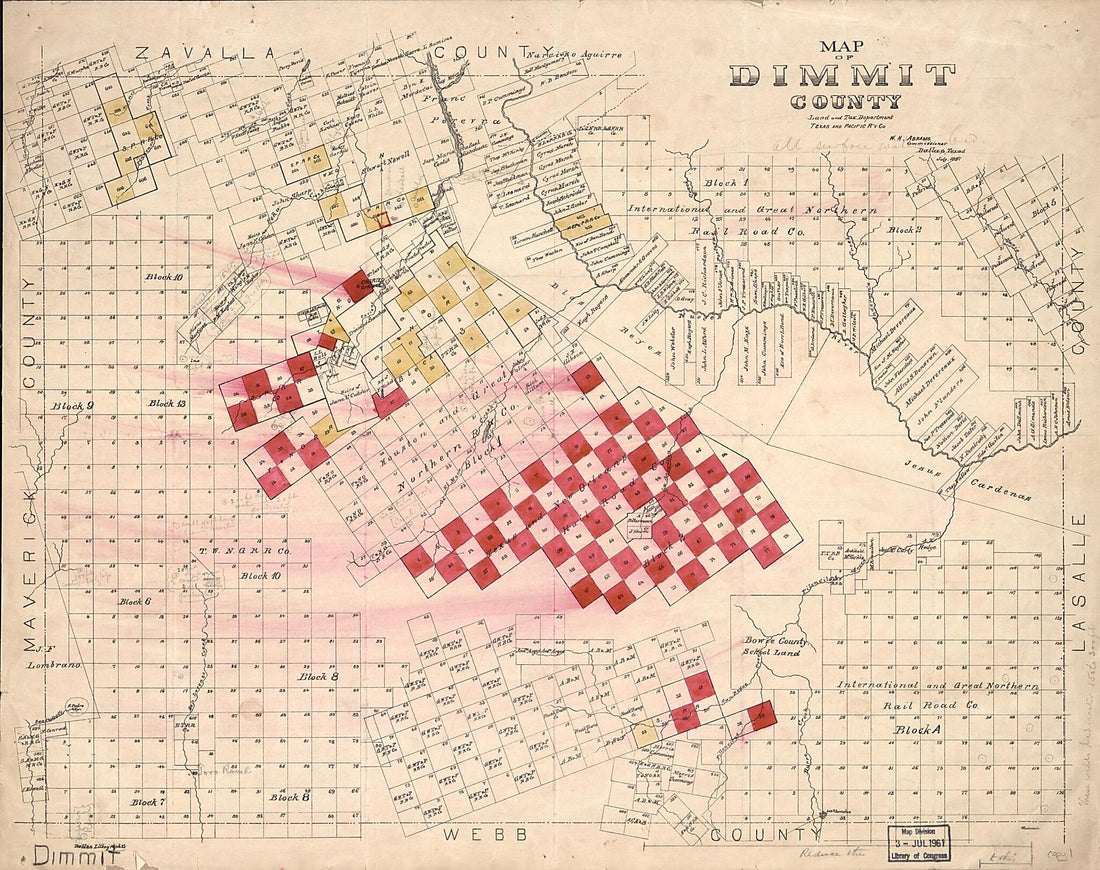 This old map of Map of Dimmit County : Land and Tax Department, Texas and Pacific R&