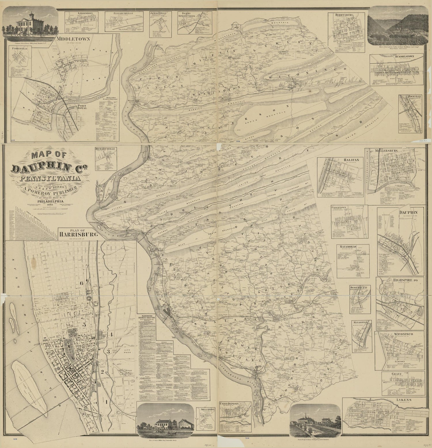 This old map of Map of Dauphin Co., Pennsylvania : from Actual Surveys from 1862 was created by  A. Pomeroy & Co, F. W. (Frederick W.) Beers, S. N. Beers,  F. Bourquin & Co,  Worley & Bracher in 1862