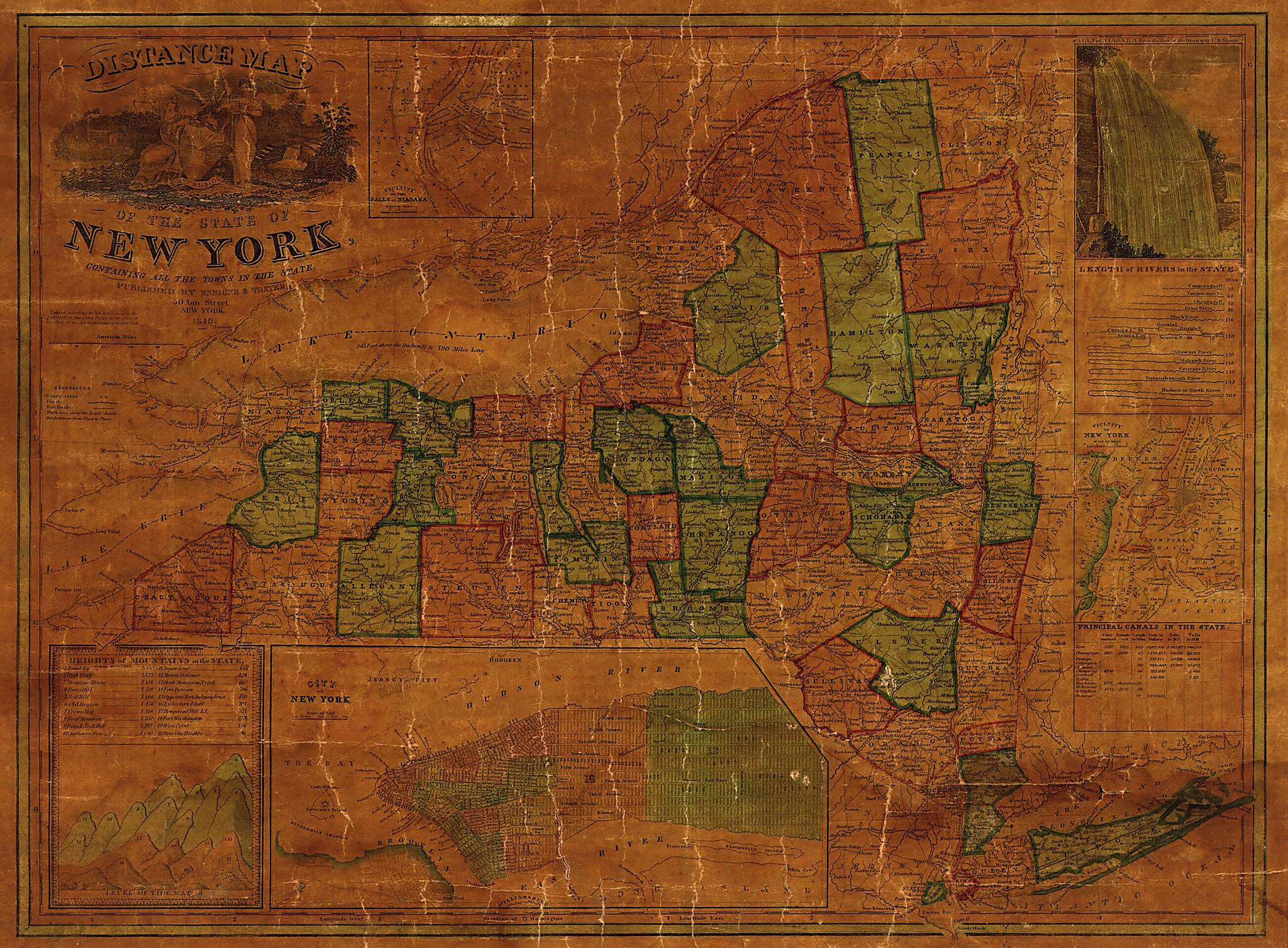 This old map of Distance Map of the State of New York : Containing All the Towns In the State from 1849 was created by Ensigns & Thayer in 1849