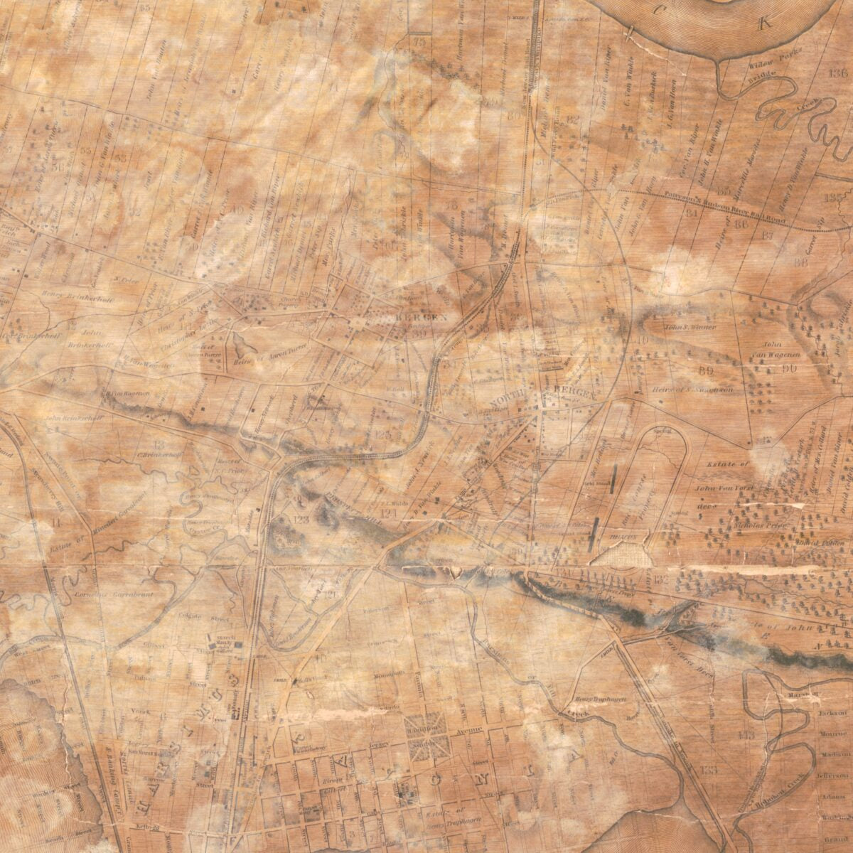 This old map of Topographical Map of Jersey City, Hoboken, and the Adjacent Country : Describing Minutely the Courses of Rivers and Brooks, the Township and Original Patent Lines, Railways, Turnpike, Carriage and Bridle Roads, the Present Farm Boundaries