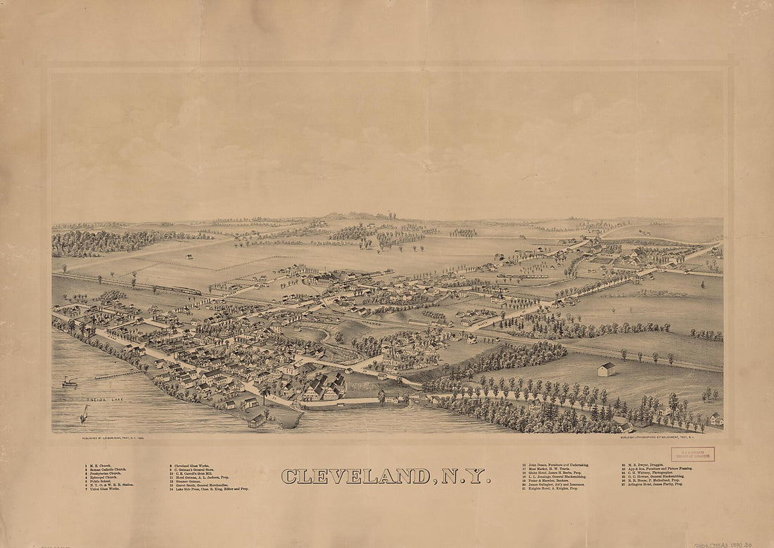 This old map of Cleveland, New York from 1890 was created by Burleigh Litho, L. R. (Lucien R.) Burleigh in 1890