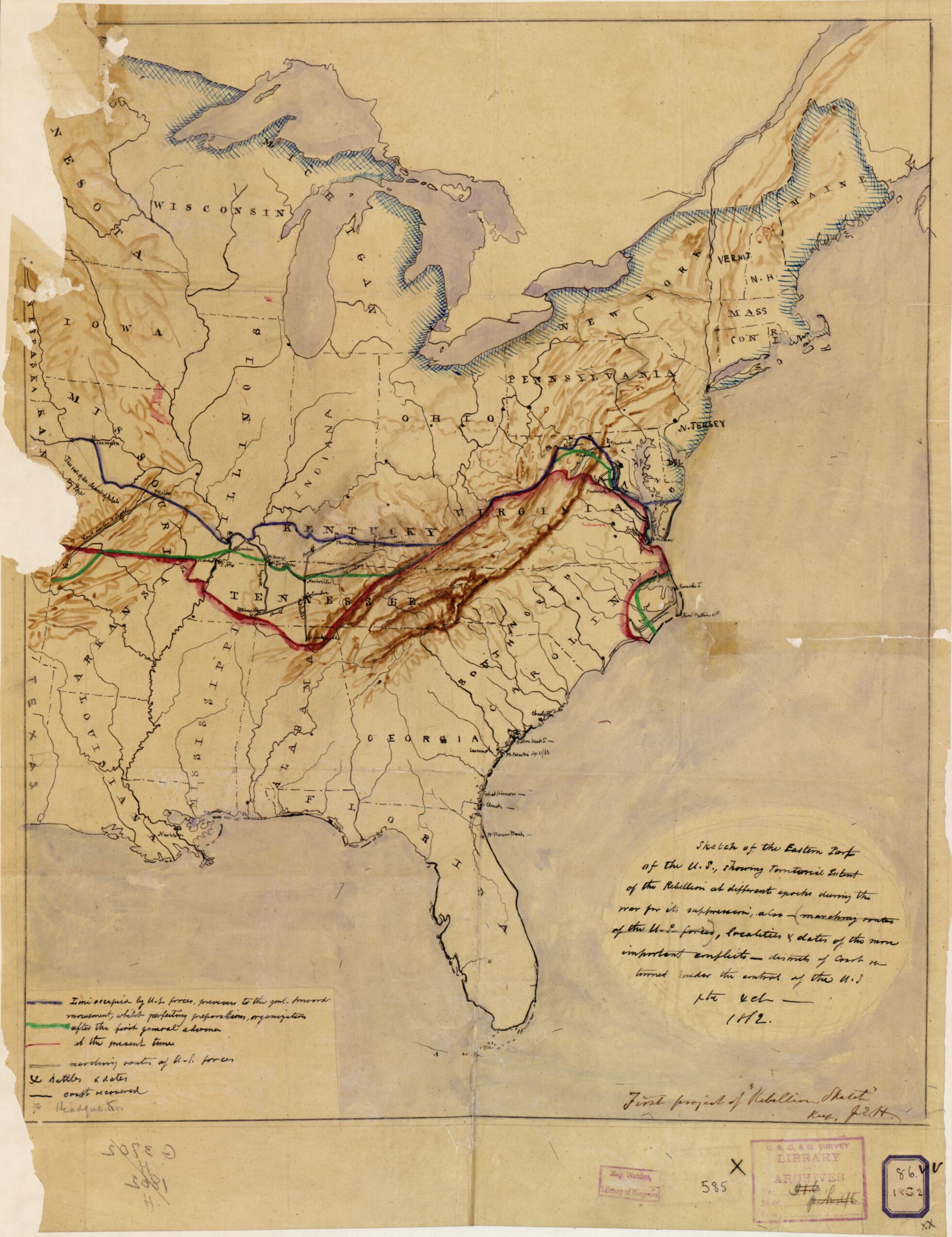 This old map of -marching Routes of the U.S. Forces, Localities & Dates of the More Important Conflicts--districts of Coast Returned Under the Control of the U.S., Etc. & Etc from 1862 was created by J. E. (Julius Erasmus) Hilgard, United States Coast S