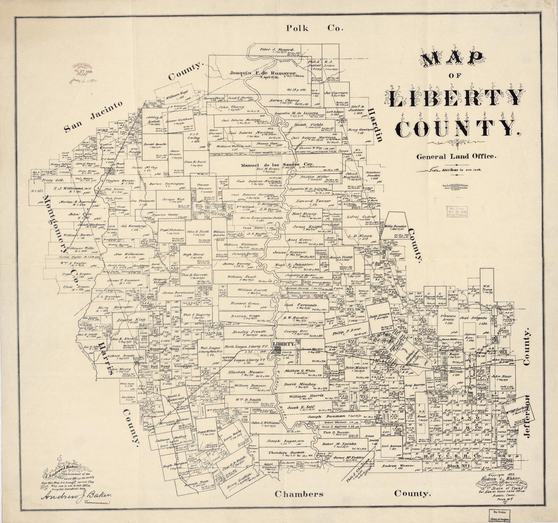 This old map of Map of Liberty County, Texas : General Land Office from 1895 was created by Andrew J. (Andrew Jackson) Baker, Texas. General Land Office in 1895