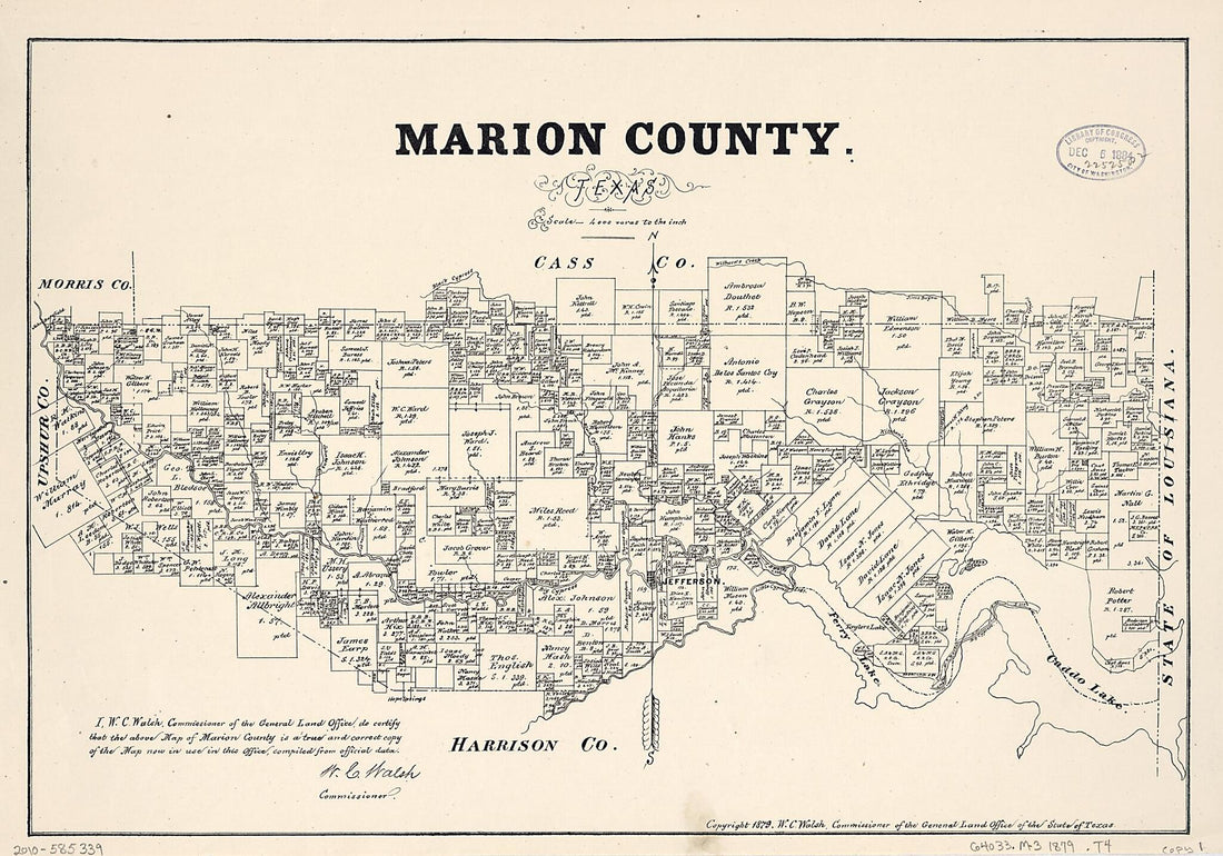 This old map of Marion County, Texas from 1879 was created by Texas. General Land Office, W. C. (William C.) Walsh in 1879