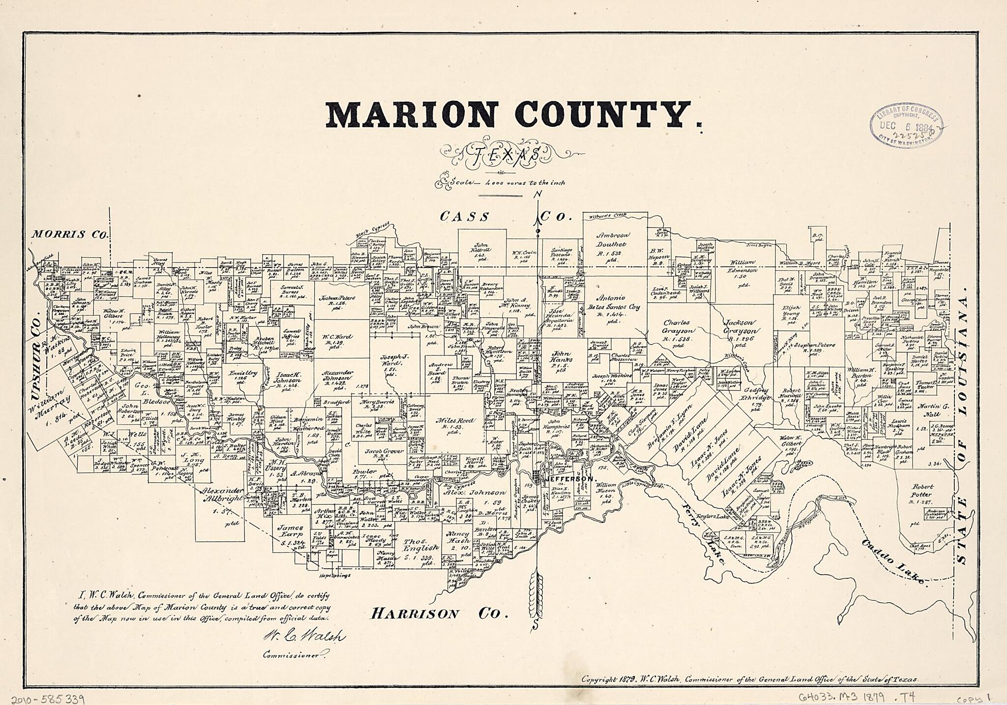 This old map of Marion County, Texas from 1879 was created by Texas. General Land Office, W. C. (William C.) Walsh in 1879