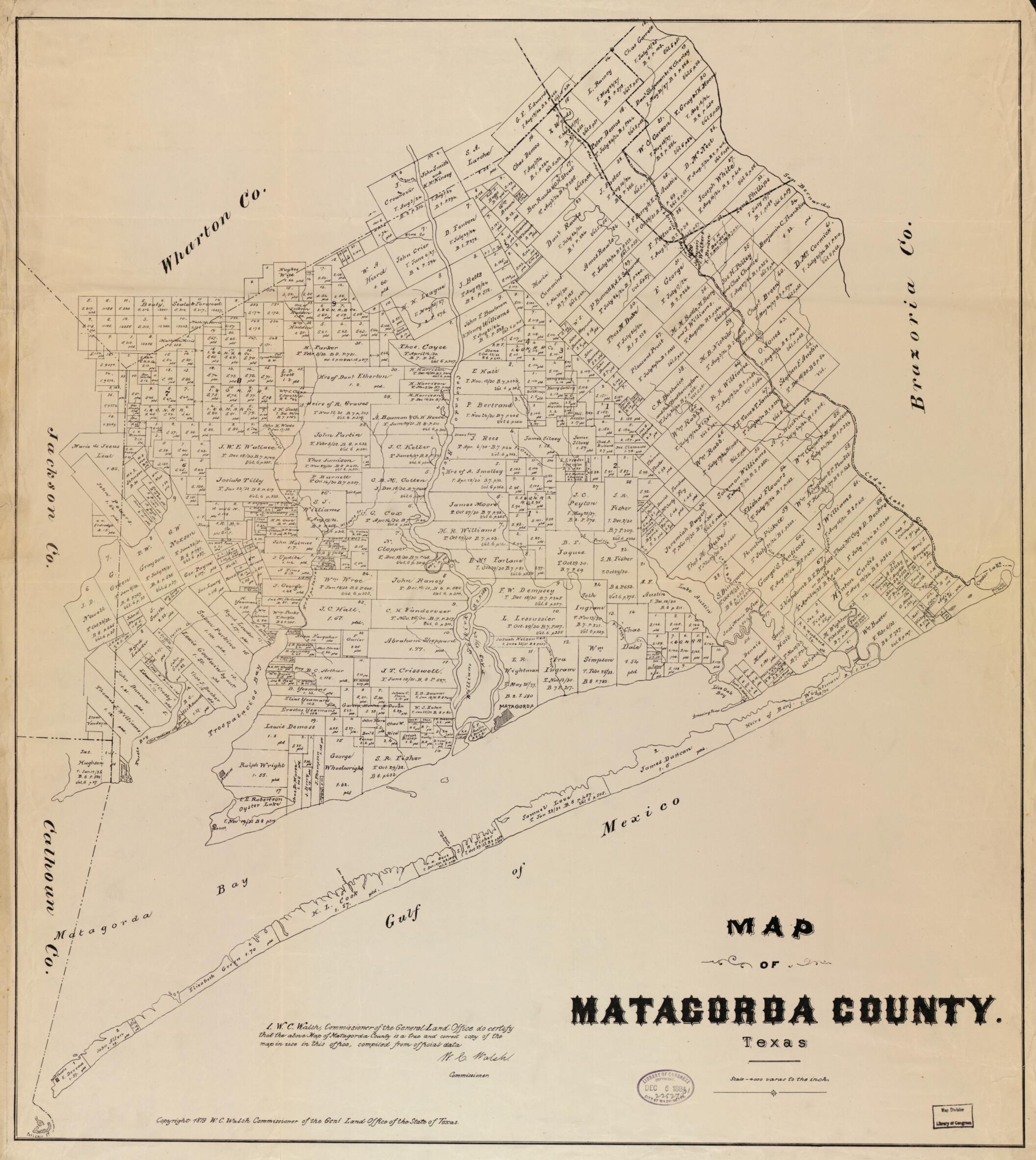 This old map of Map of Matagorda County, Texas from 1879 was created by Texas. General Land Office, W. C. (William C.) Walsh in 1879
