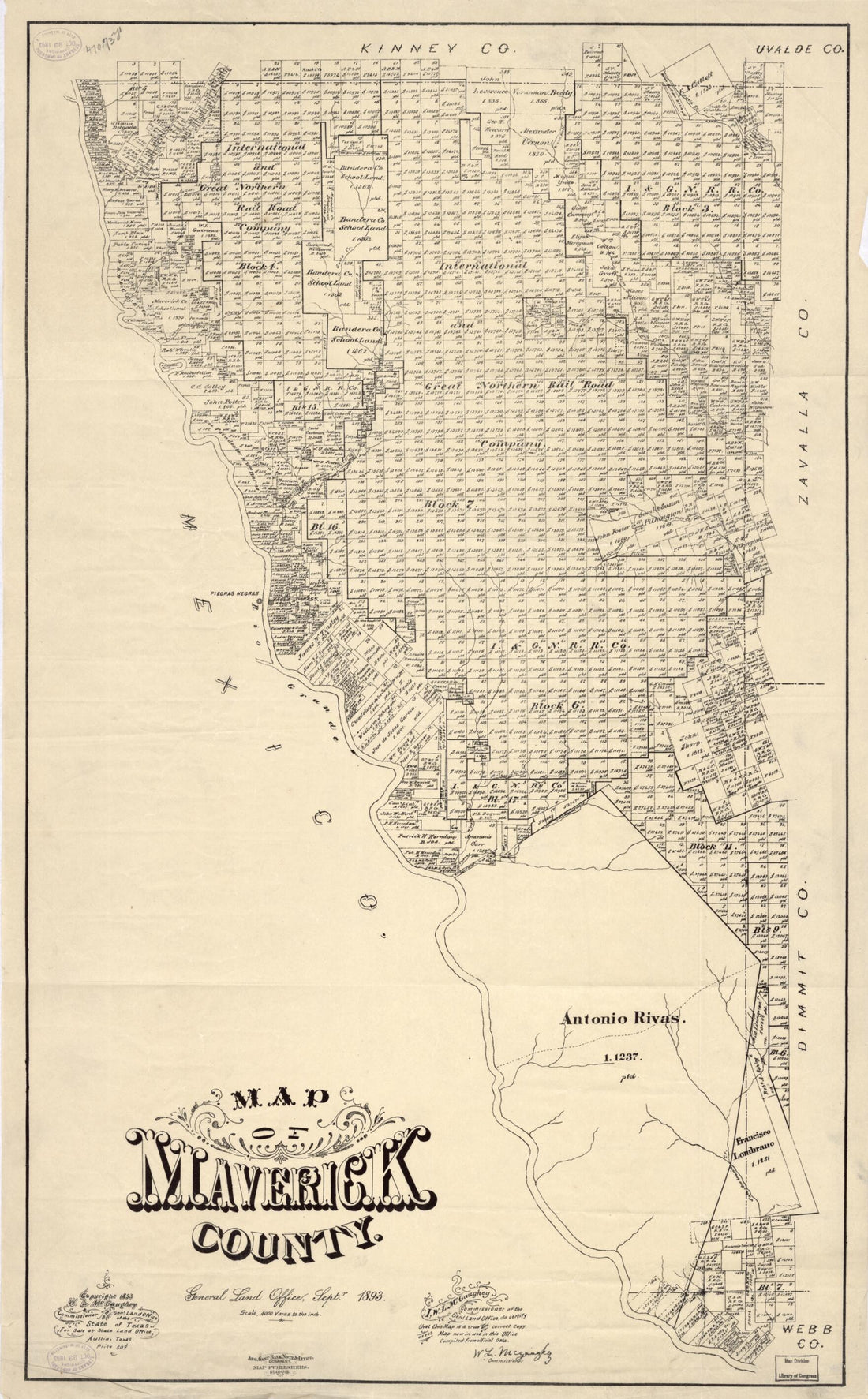 This old map of Map of Maverick County : General Land Office, Sept. from 1893 was created by W. L. McGaughey, Texas. General Land Office in 1893