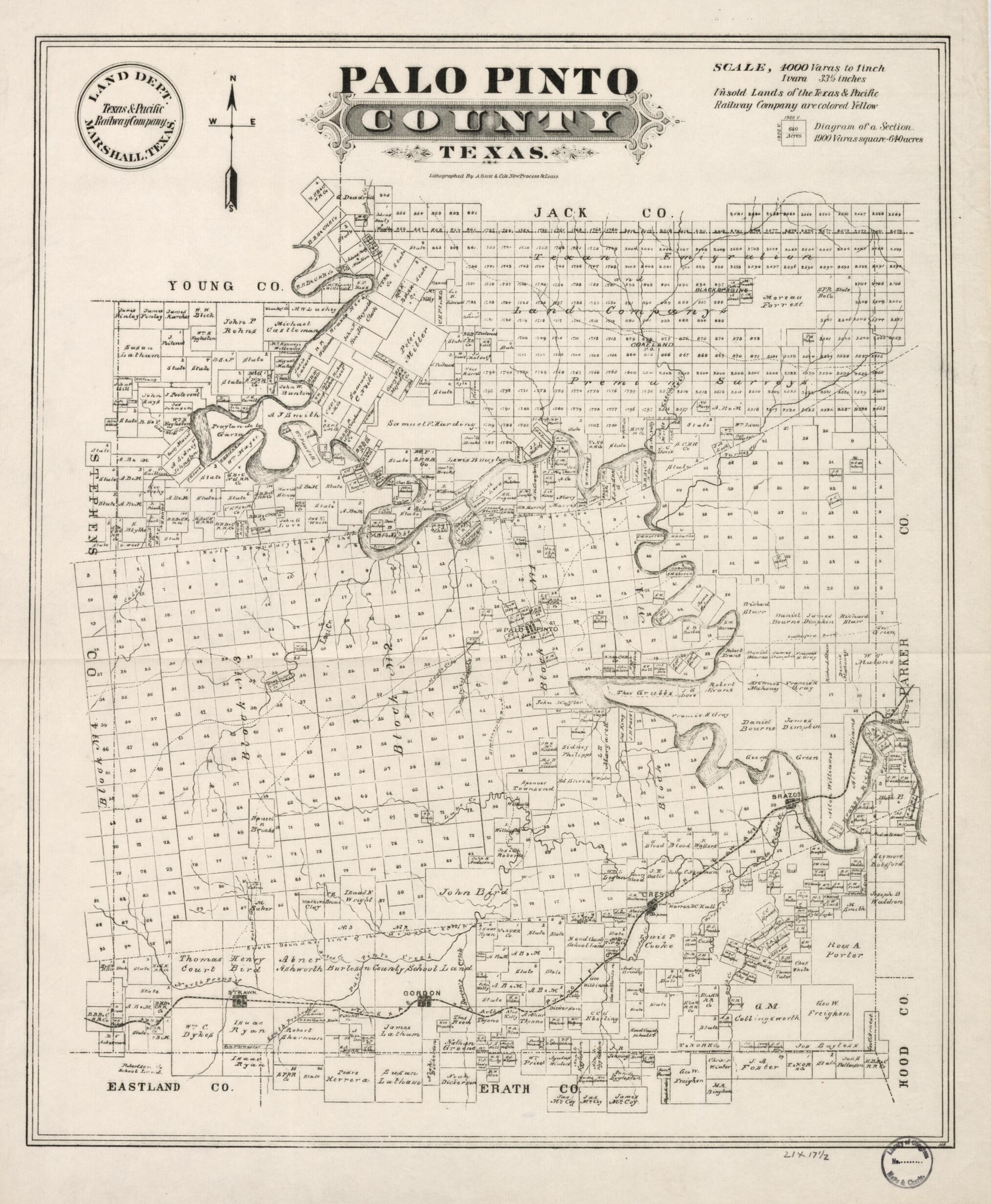 This old map of Palo Pinto County, Texas from 1880 was created by Texas & Pacific Railway. Land Department in 1880