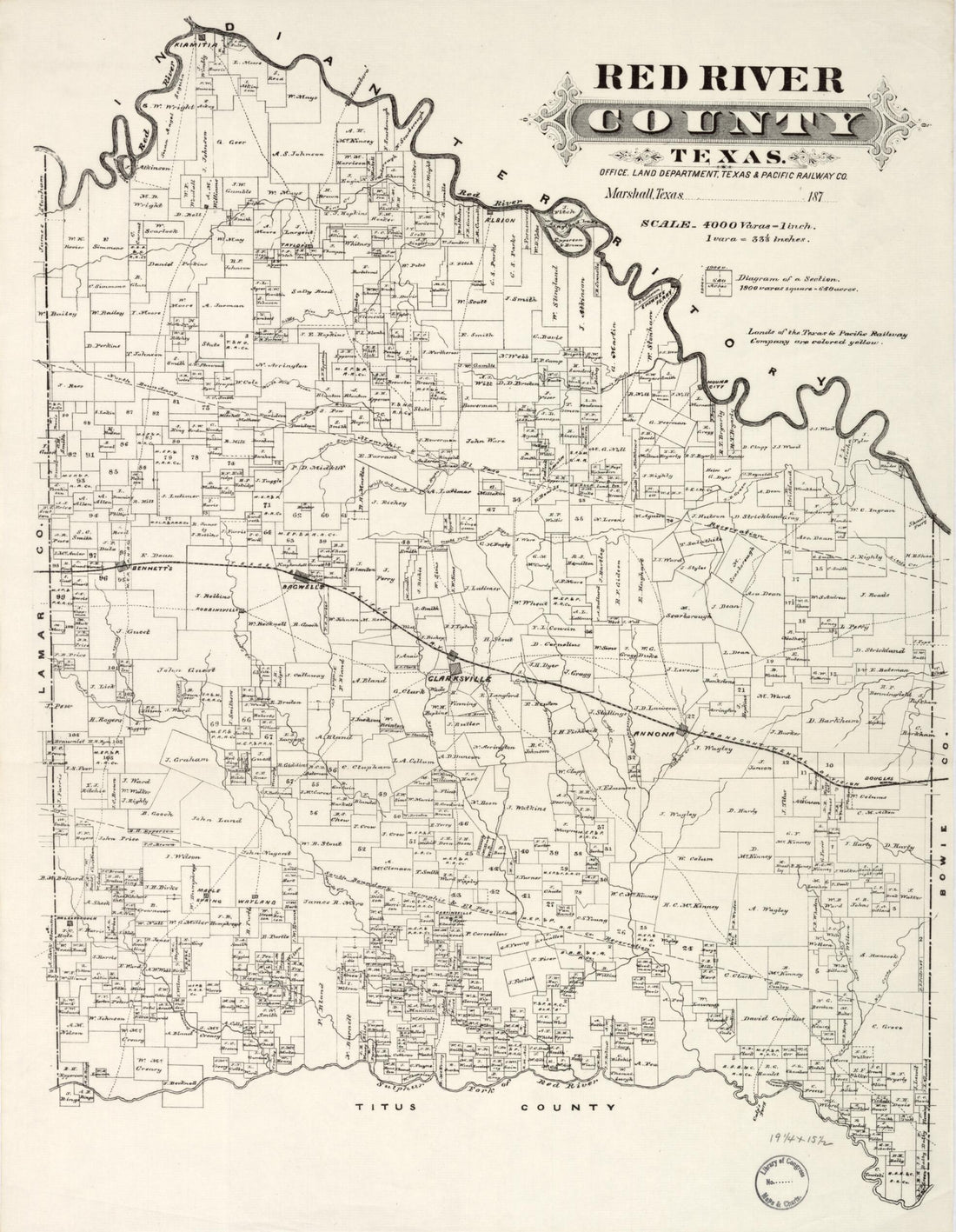 This old map of Red River County, Texas from 1870 was created by Texas & Pacific Railway. Land Department in 1870