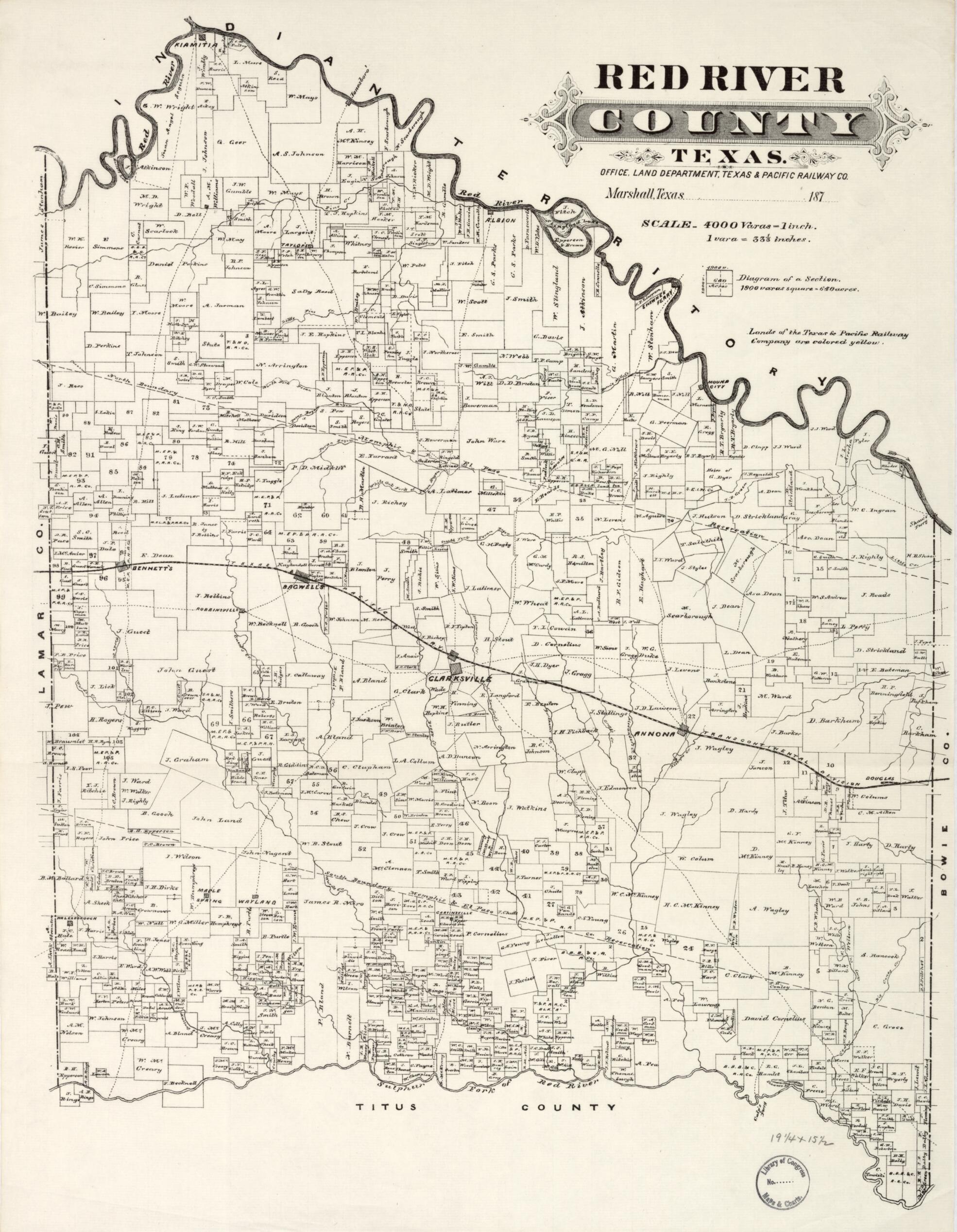This old map of Red River County, Texas from 1870 was created by Texas & Pacific Railway. Land Department in 1870