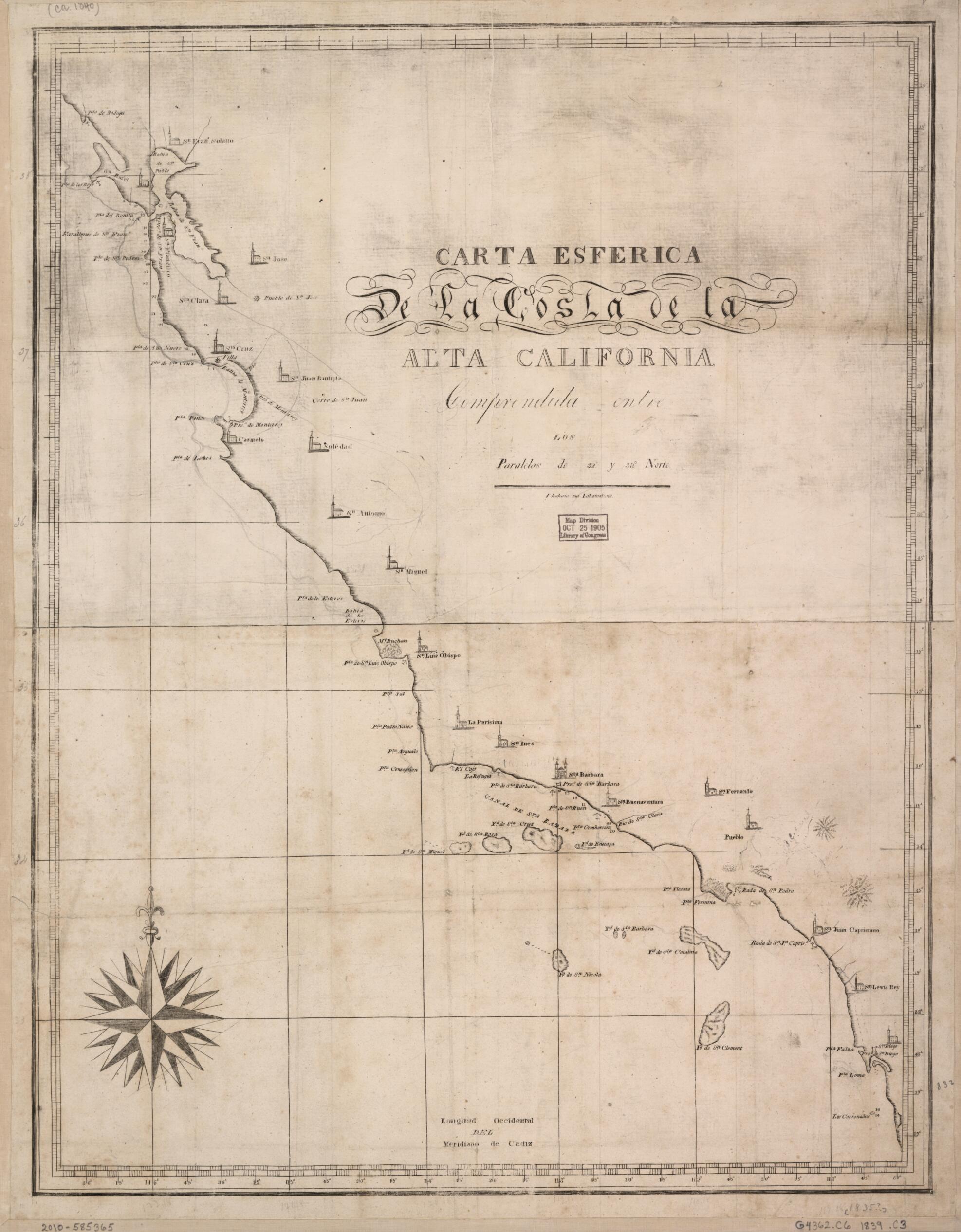 This old map of Carta Esférica De La Costa De La Alta California : Comprendida Entre Los Paralelos De 32° Y 38° Norte from 1839 was created by in 1839