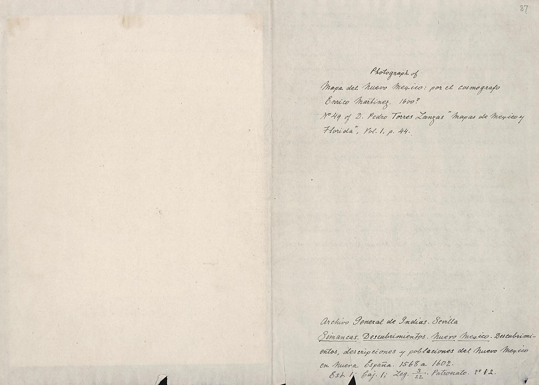 This old map of Rasquño De Las Provincias De La Nuevo Mexico (Photograph of Mapa Del Nuevo Mexico / Por El Cosmografo Enrico Martinez) from 1906 was created by Enrico Martínez in 1906