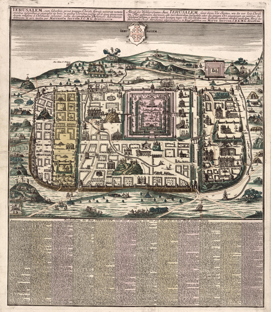 This old map of Ierusalem, Cum Suburbiis, Prout Tempore Christi Floruit, Accurate Notatis Omnibus Insignibus Et Praecipuè Iis Locis... (Abriss Der Weltberühmten Statt Ierusalem, Samt Ihren Vor Stätten, Wie Sie Zur Zeit Christi Im Flor Gestanden) from