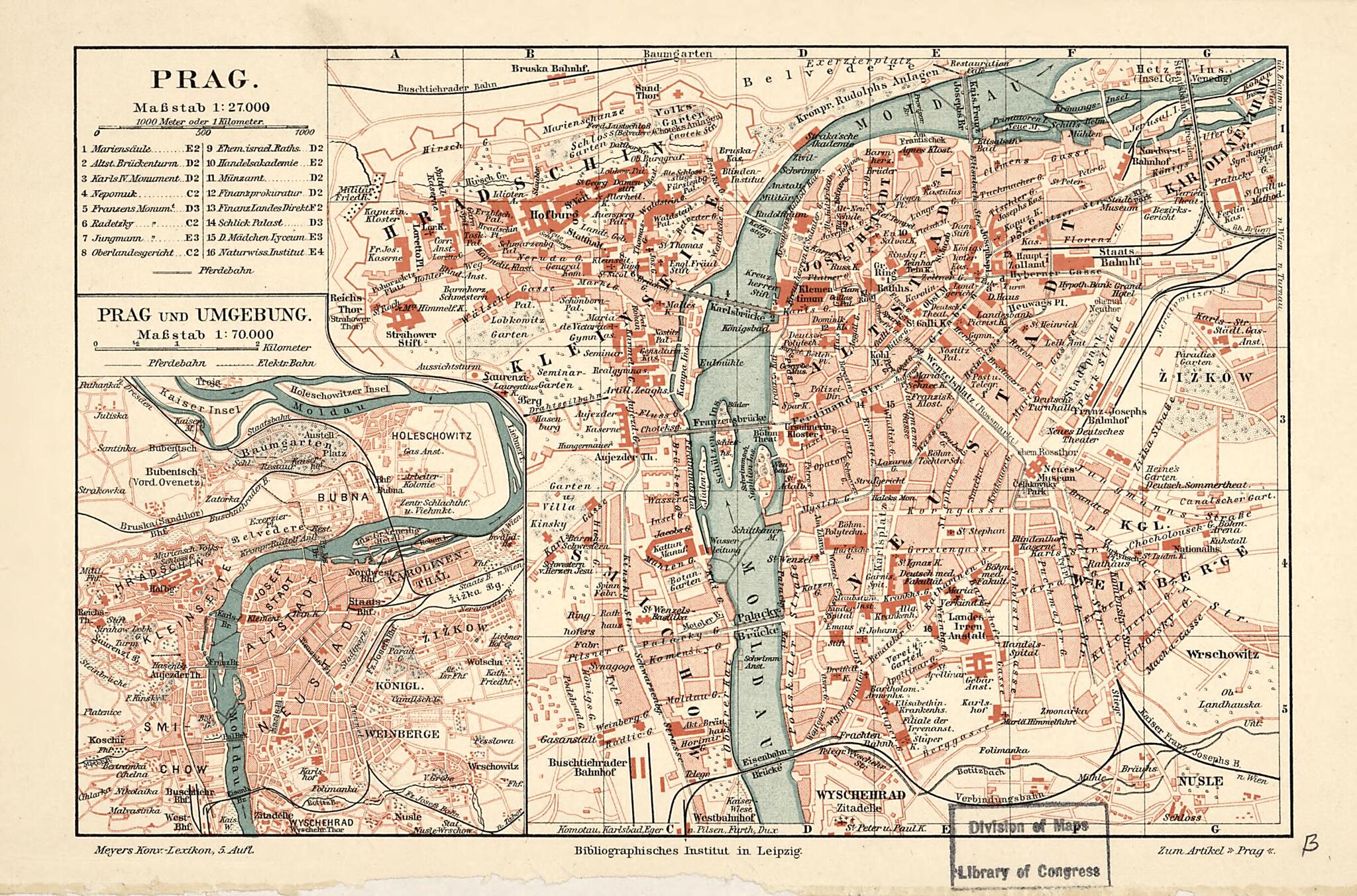 This old map of Prag from 1894 was created by Bibliographisches Institut Leipzig in 1894