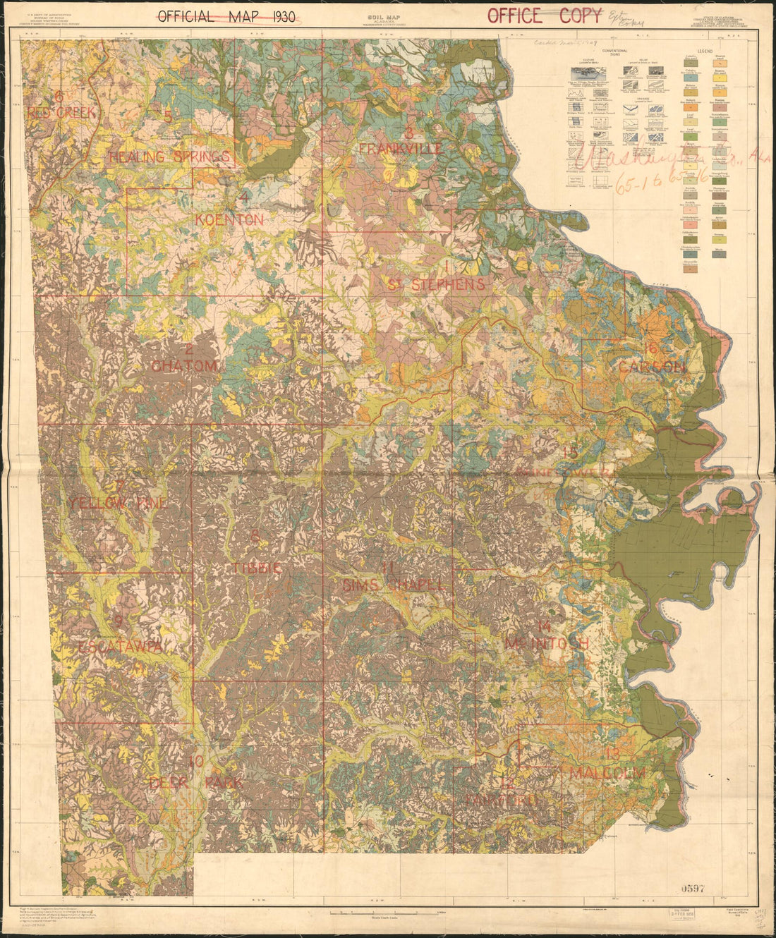 This old map of Soil Map, Alabama, Washington County Sheet from 1915 was created by Alabama. Department of Agriculture and Industries, United States. Bureau of Soils in 1915