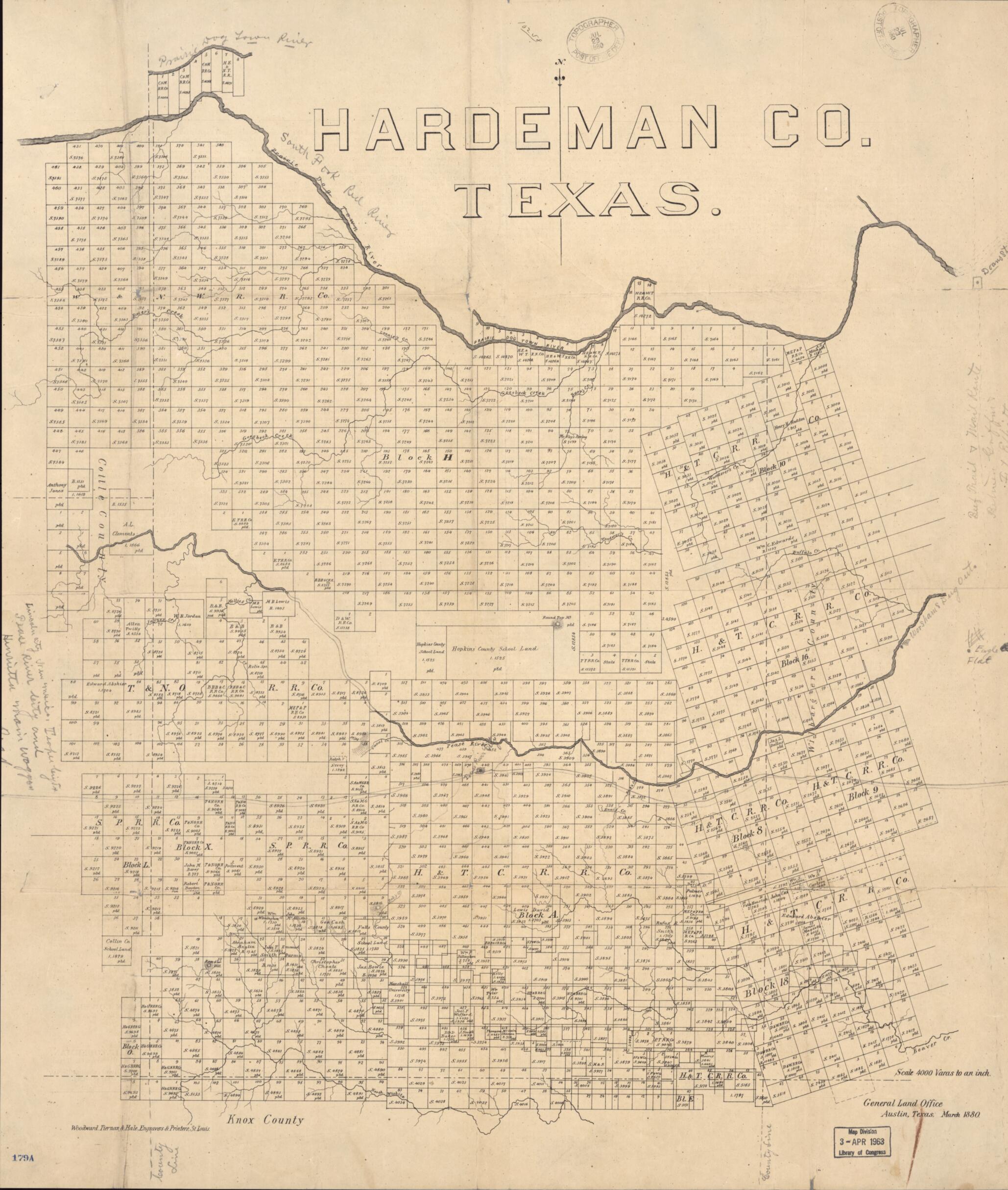 This old map of Hardeman County, Texas from 1880 was created by Texas. General Land Office in 1880