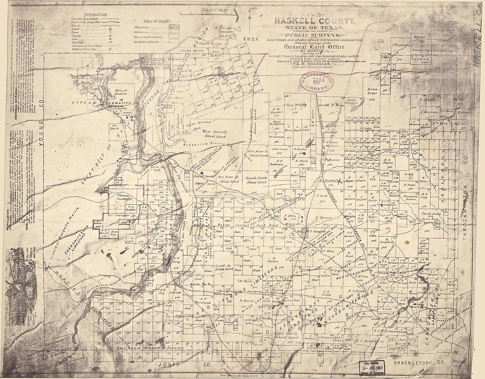 This old map of Map of Haskell County, State of Texas : Exhibiting the Extent of Public Surveys, Land Grants and All Other Official Information Compiled from Official Surveys of the General Land Office at Austin from 1876 was created by A. R. Roessler,