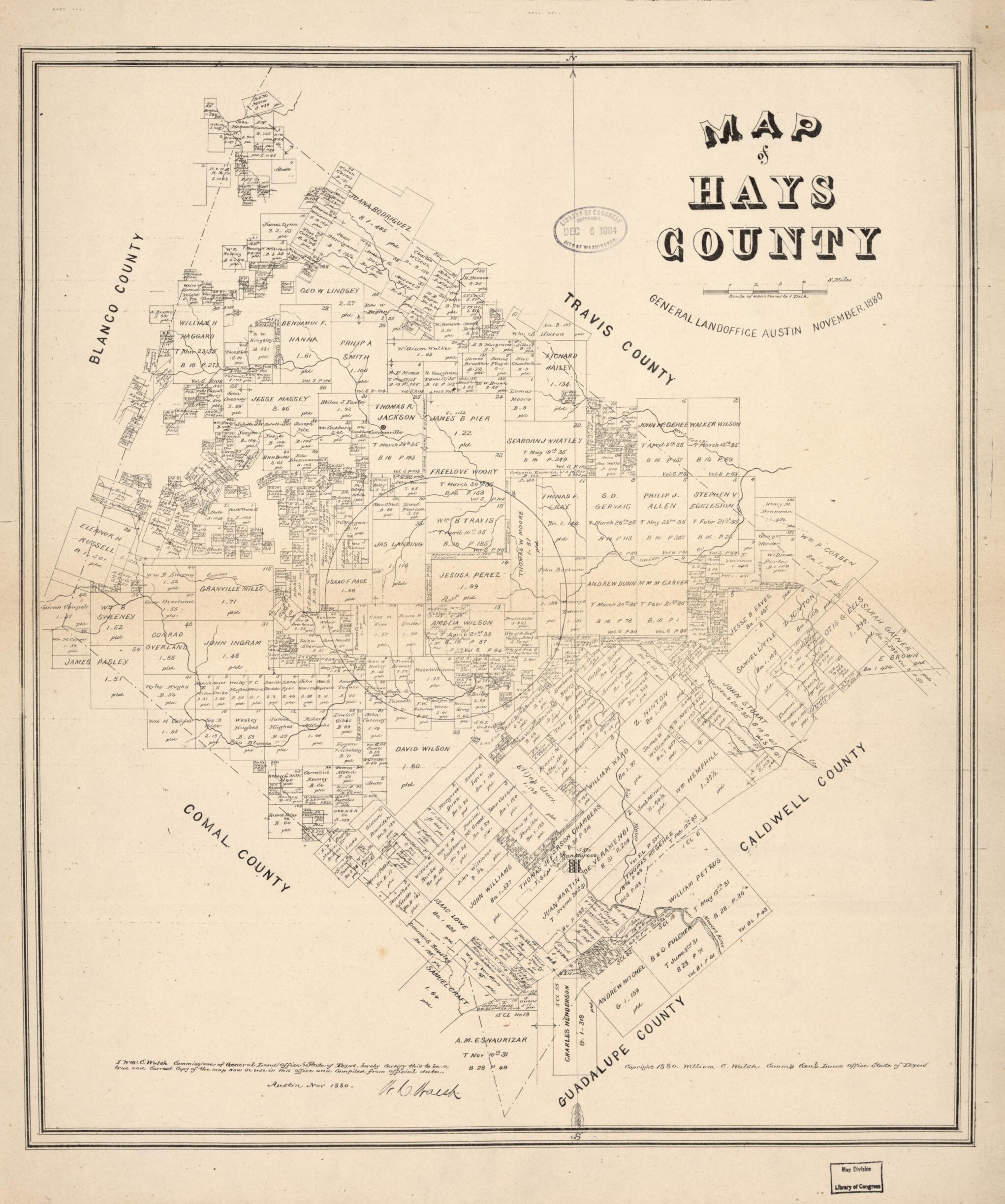 This old map of Map of Hays County, Texas from 1880 was created by Texas. General Land Office, W. C. (William C.) Walsh in 1880
