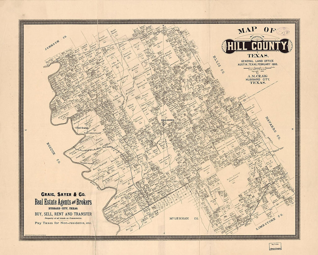 This old map of Map of Hill County, Texas : General Land Office, Austin, Texas, February from 1886 was created by A. M. Craig, Texas. General Land Office in 1886