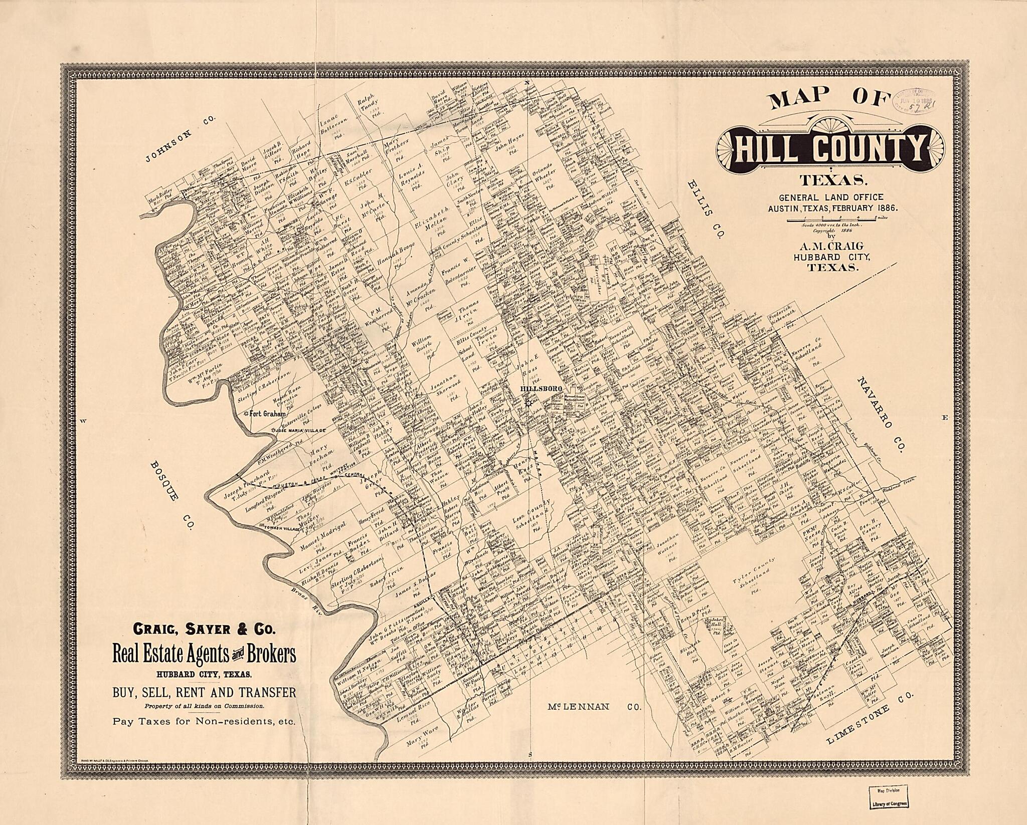 This old map of Map of Hill County, Texas : General Land Office, Austin, Texas, February from 1886 was created by A. M. Craig, Texas. General Land Office in 1886
