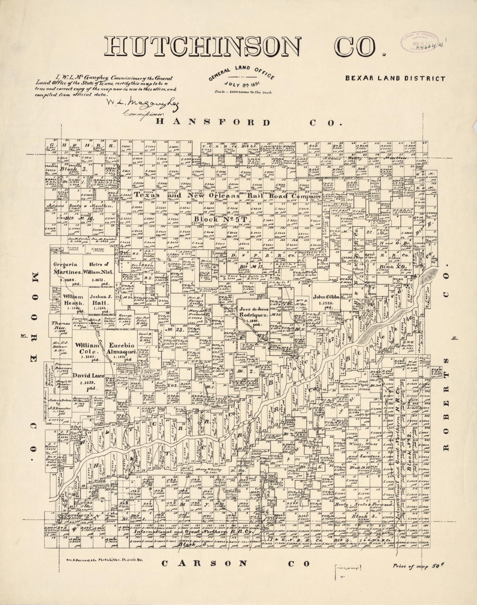 This old map of Map of Hutchinson County from 1891 was created by W. L. McGaughey, Texas. General Land Office in 1891