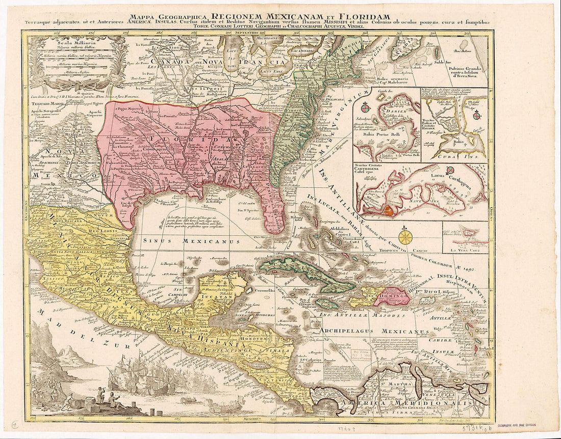 This old map of Mappa Geographica Regionem Mexicanam Et Floridam : Terrasque Adjacentes, Ut Et Anteriores Americae Insulas Cursus Itedem Et Reditus Navigantium Versus Flumen Missisipi Et Alias Colonias Ob Oculas Ponens from 1703 was created by Tobias Con