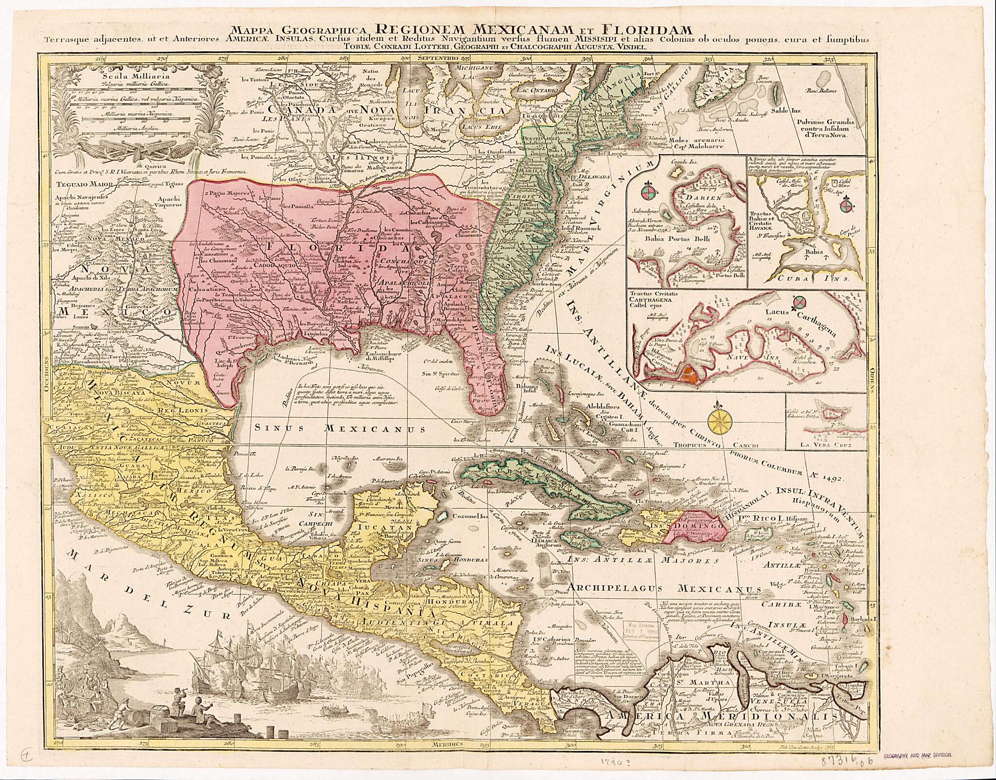 This old map of Mappa Geographica Regionem Mexicanam Et Floridam : Terrasque Adjacentes, Ut Et Anteriores Americae Insulas Cursus Itedem Et Reditus Navigantium Versus Flumen Missisipi Et Alias Colonias Ob Oculas Ponens from 1703 was created by Tobias Con