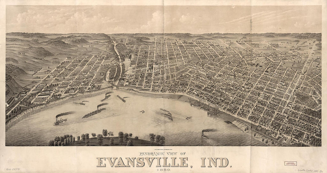 This old map of Panoramic View of Evansville, Indiana, from 1880. (Evansville, Ind., from 1880, Panoramic View of Evansville, Indiana, from 1880) was created by Beck & Pauli in 1880